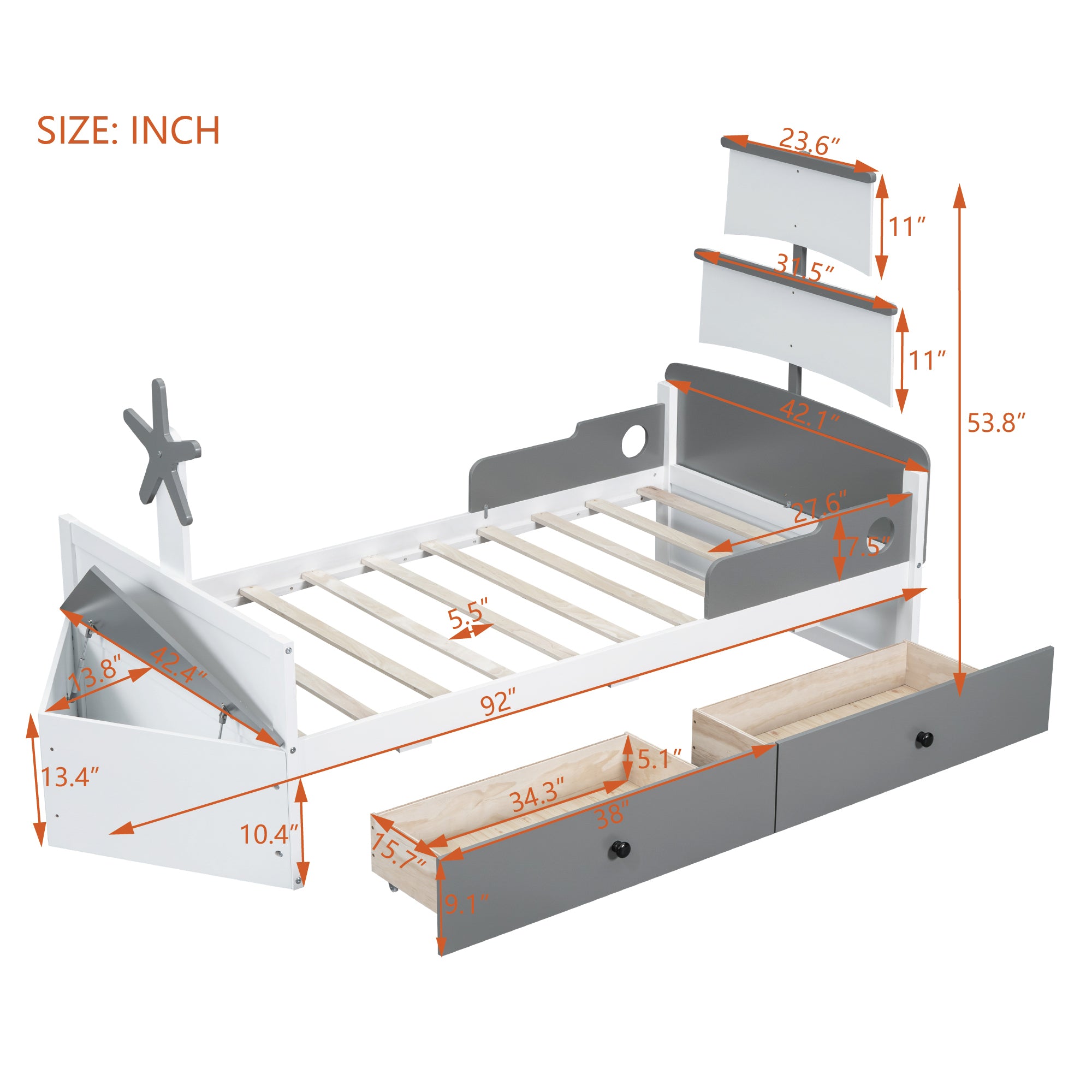 Twin Size Boat-Shaped Platform Bed with 2 Drawers,Twin Bed with Storage for Bedroom,Gray - Atlantic Fine Furniture Melbourne FL
