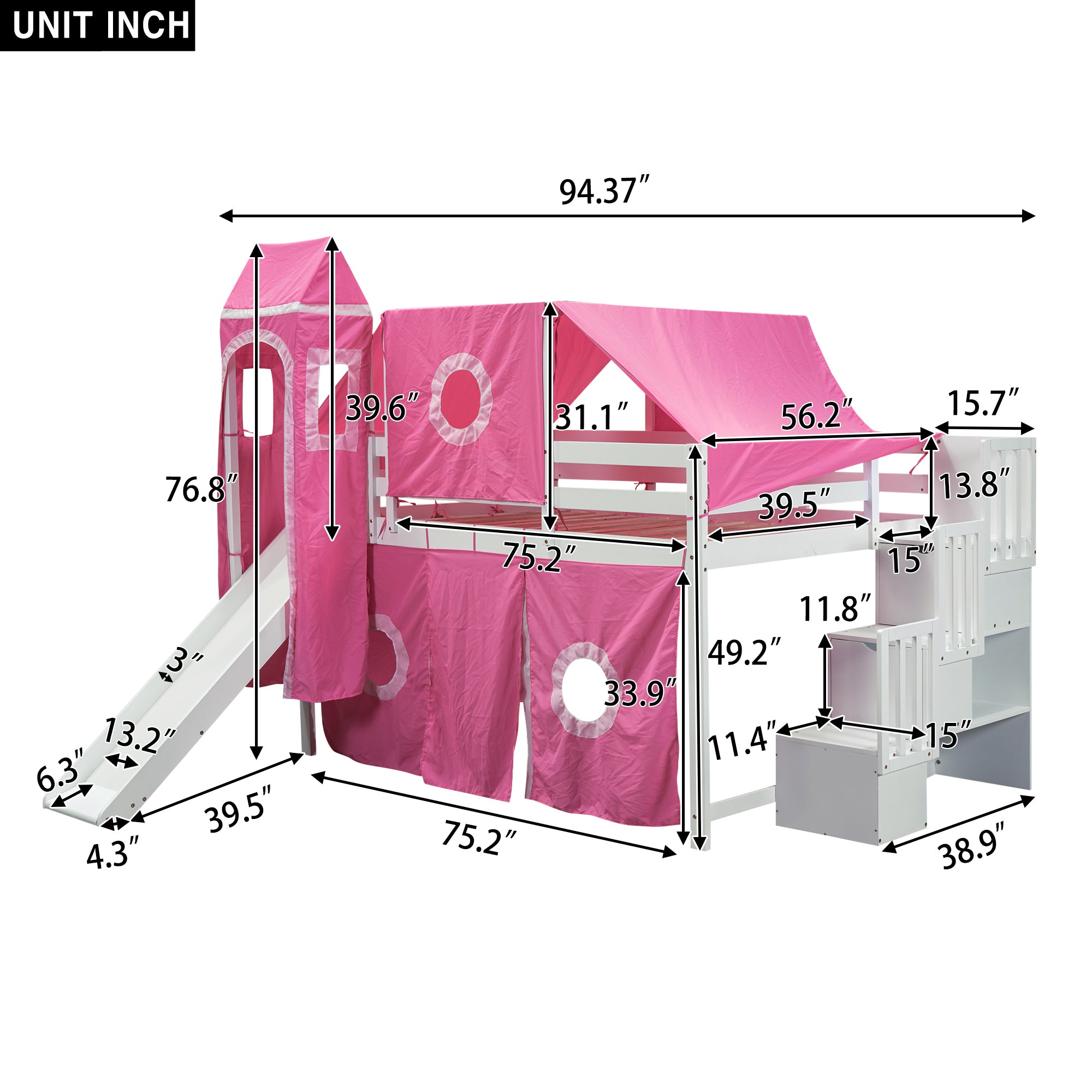 Full Size Loft Bed with Tent and Tower - Pink - Atlantic Fine Furniture Melbourne FL
