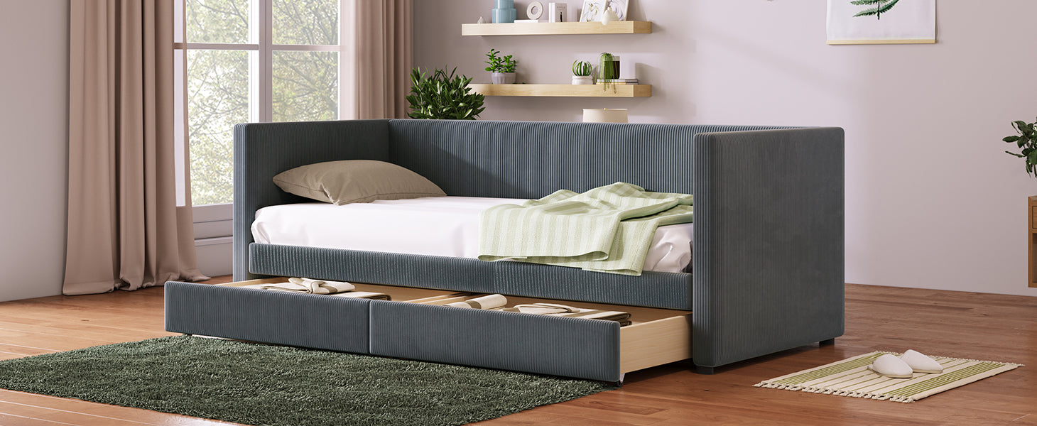 Twin Size Corduroy Daybed with Two Drawers and Wood Slat, Gray - Atlantic Fine Furniture Melbourne FL
