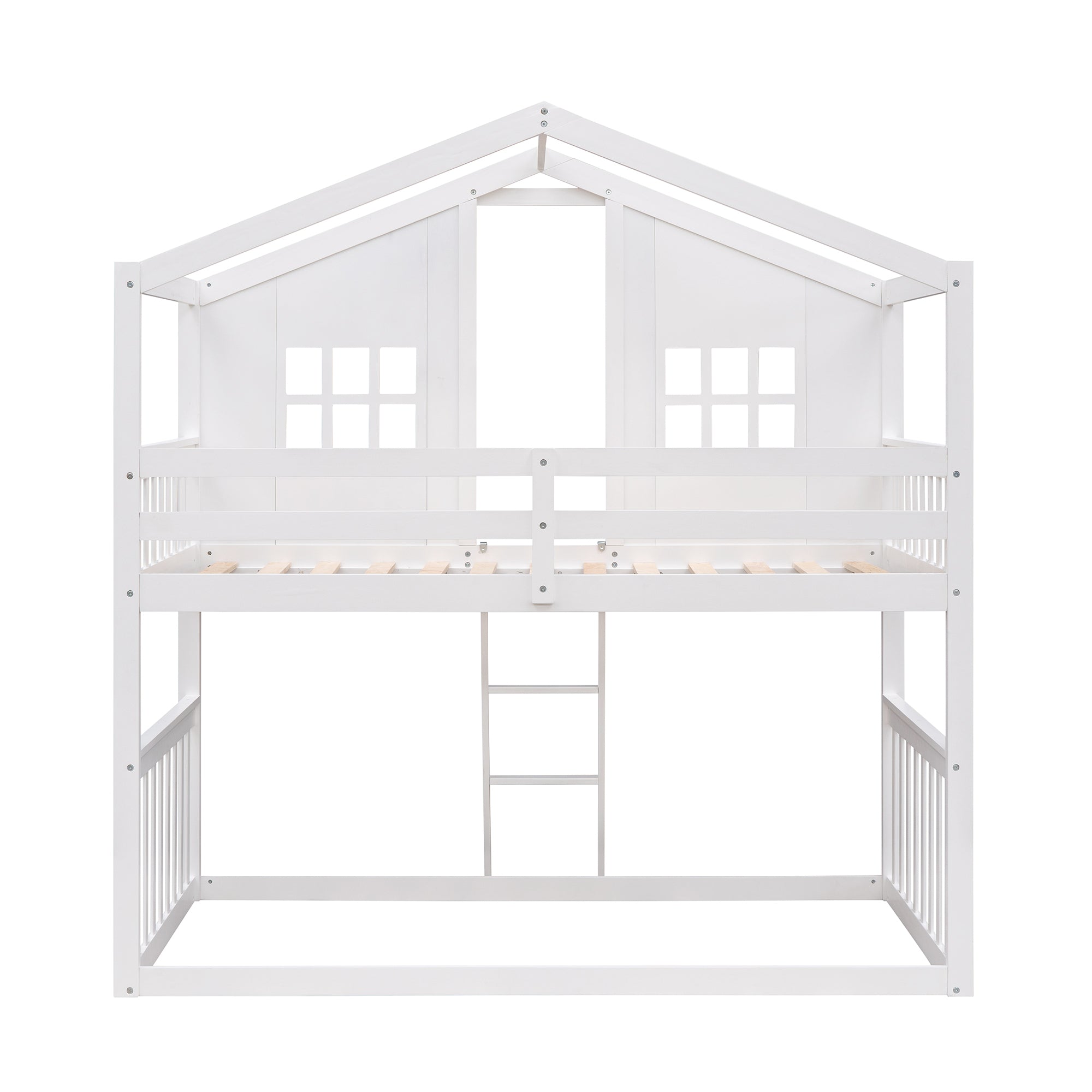 Twin Over Twin House Bunk Bed With Ladder, Wood Bed-White