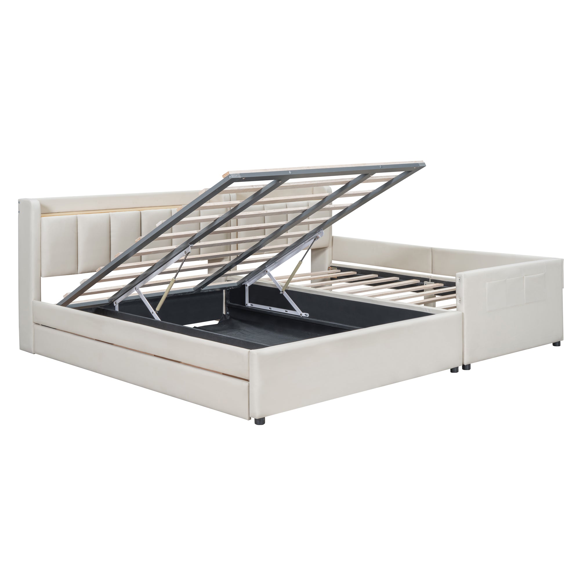 Queen Size & Twin XL Size Upholstered Platform Bed, Mother & Child Bed with Hydraulic Storage System, Drawer Box, Bedhead storage shelf and Two pairs of sockets & USB Ports, PU Leather, Beige