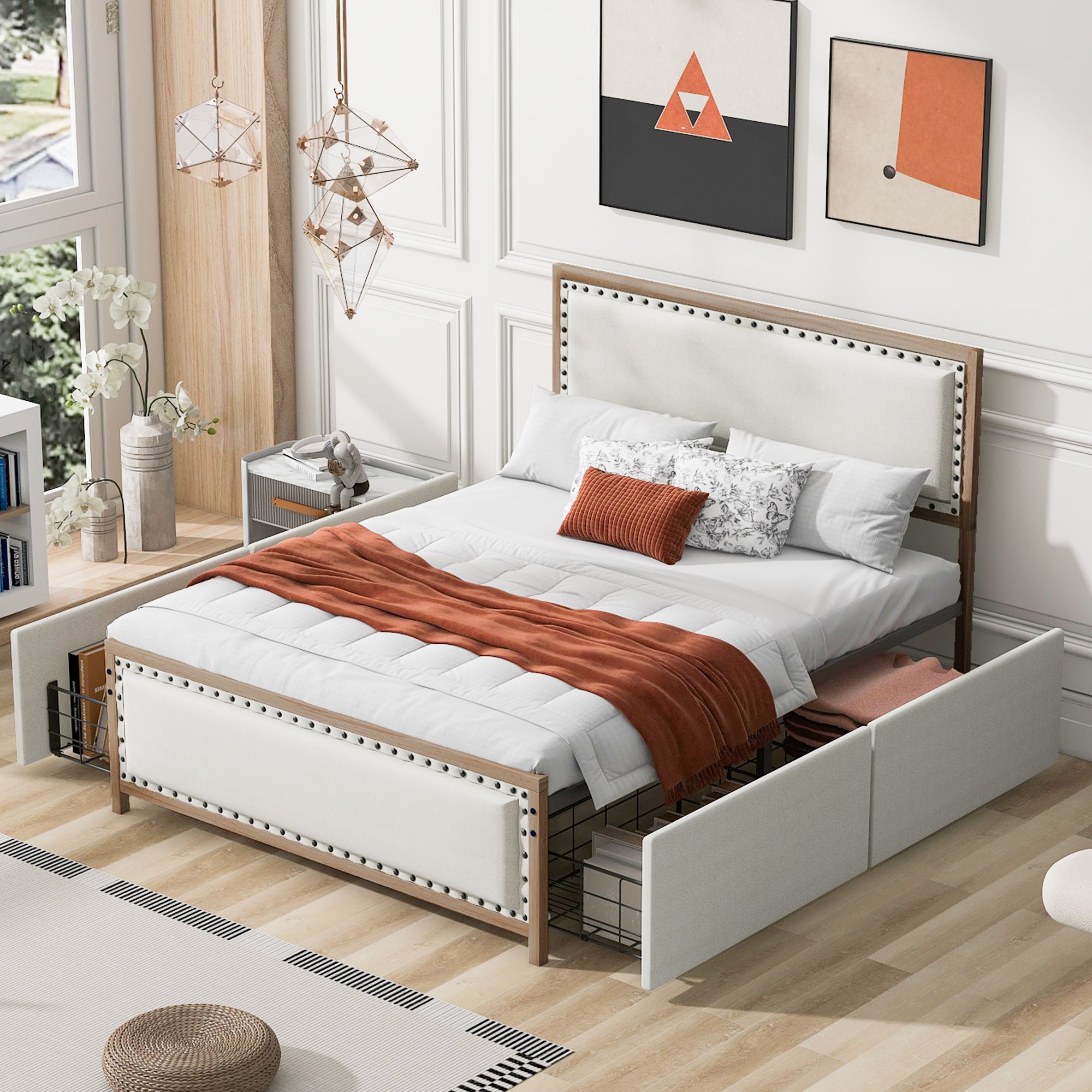 Queen Size Upholstered Platform Bed with Nailhead Decoration and 4 Drawers, Brown - Atlantic Fine Furniture Melbourne FL