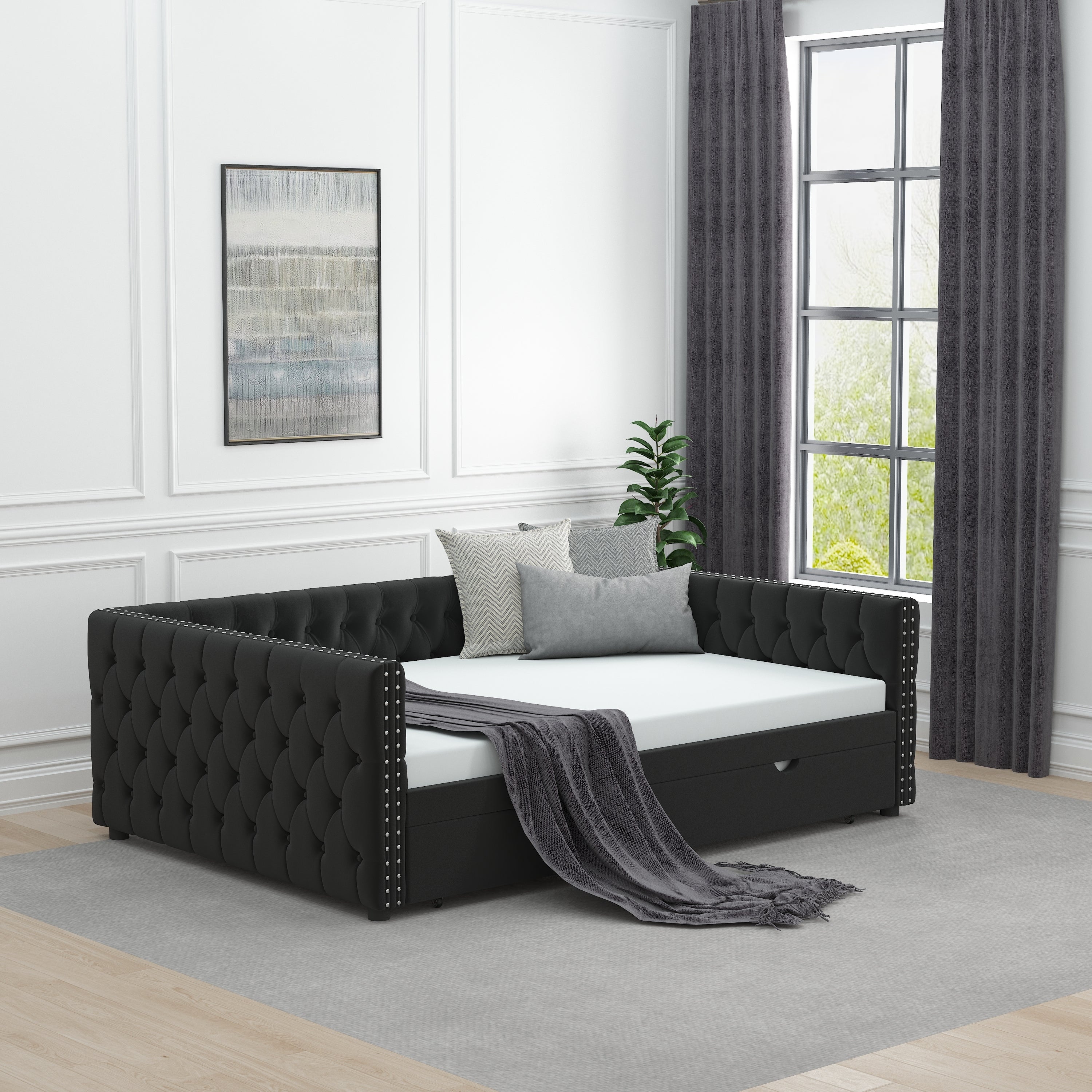 Daybed with Trundle Velvet Upholstered Tufted Sofa Bed, with Button and Copper Nail onSquare Arms,Full Daybed & Twin Trundle- For Bedroom, Living Room, Guest Room,(83"x57"x26") - Atlantic Fine Furniture Melbourne FL