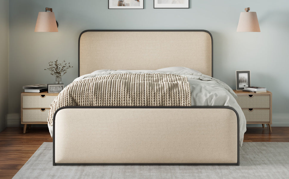 Modern Metal Bed Frame with Curved Upholstered Headboard and Footboard Bed with Under Bed Storage, Heavy Duty Metal Slats, Full Size, Beige - Atlantic Fine Furniture Melbourne FL
