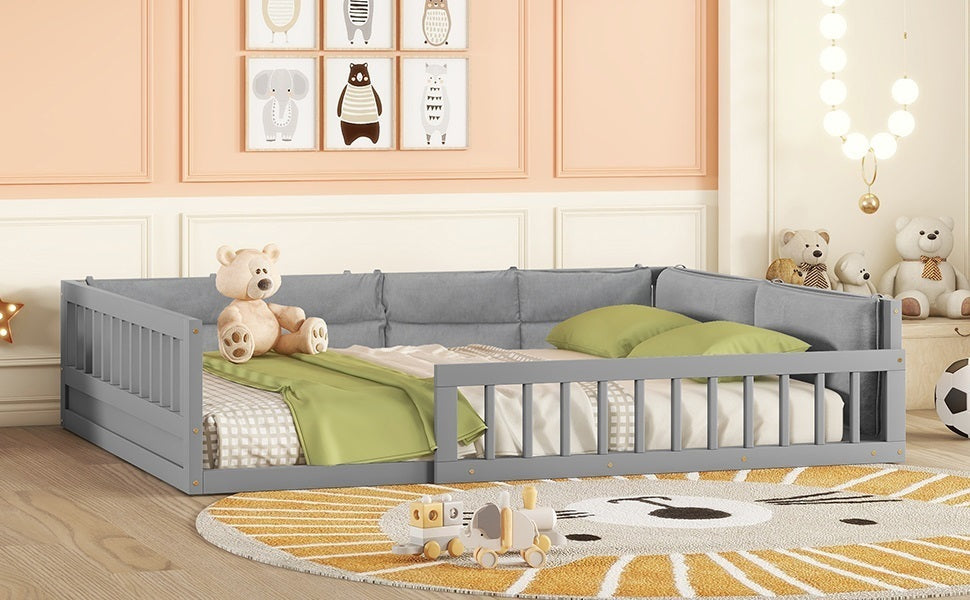 Wood Full Size Upholstered Platform Bed with Guardrail and Pillow, Gray - Atlantic Fine Furniture Melbourne FL