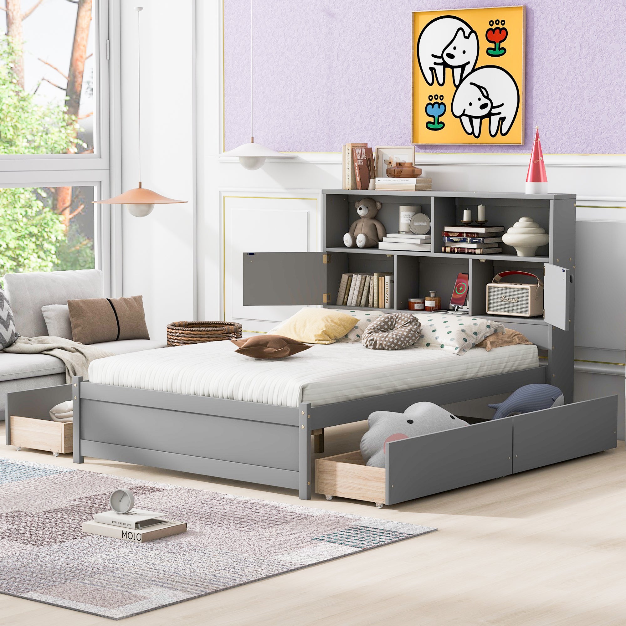 Full Size Platform Bed with Storage Headboard, Charging Station and 4 Drawers, Gray - Atlantic Fine Furniture Melbourne FL