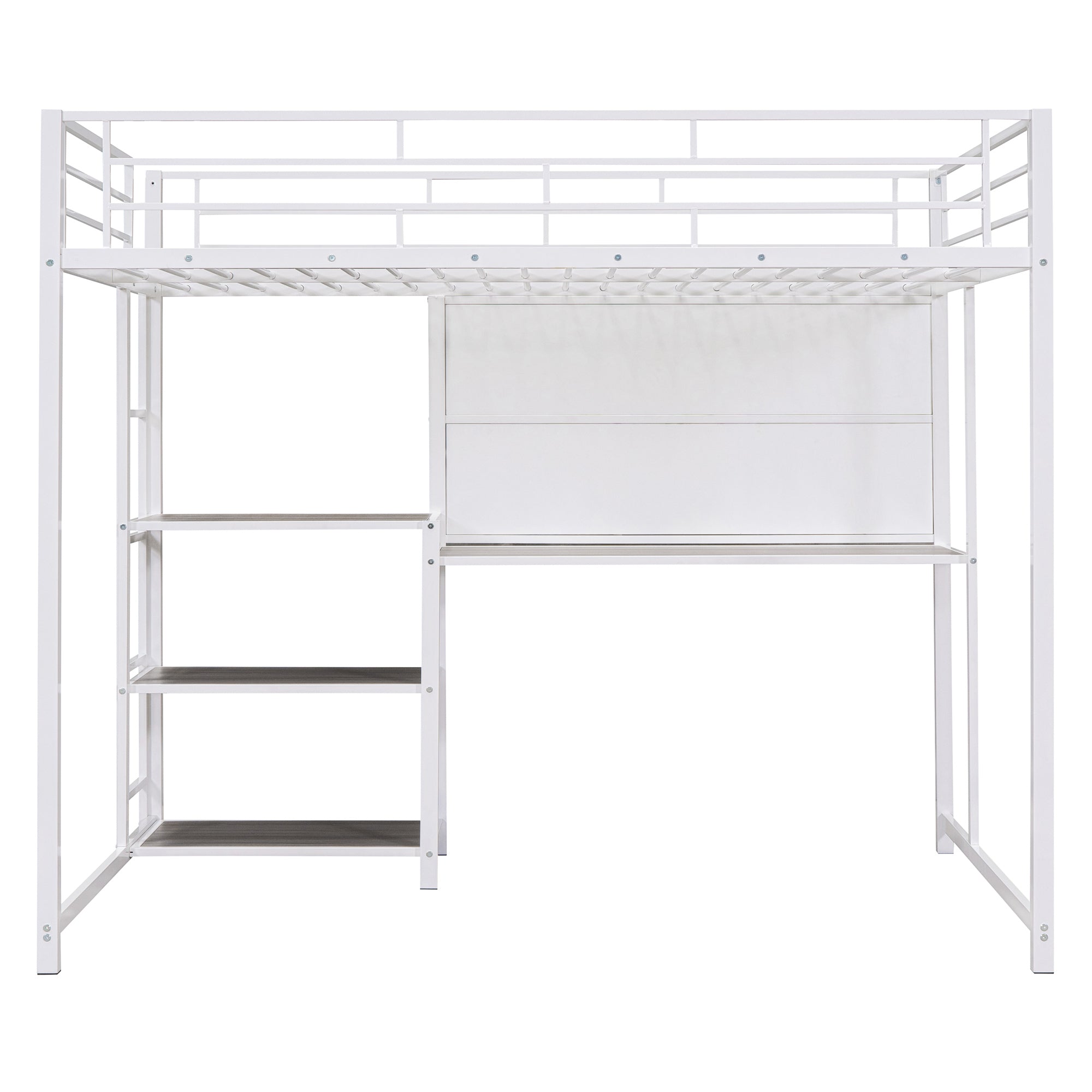 Full Size Loft Bed with Desk and Whiteboard, Metal Loft Bed with 3 Shelves and Ladder, White - Atlantic Fine Furniture Melbourne FL