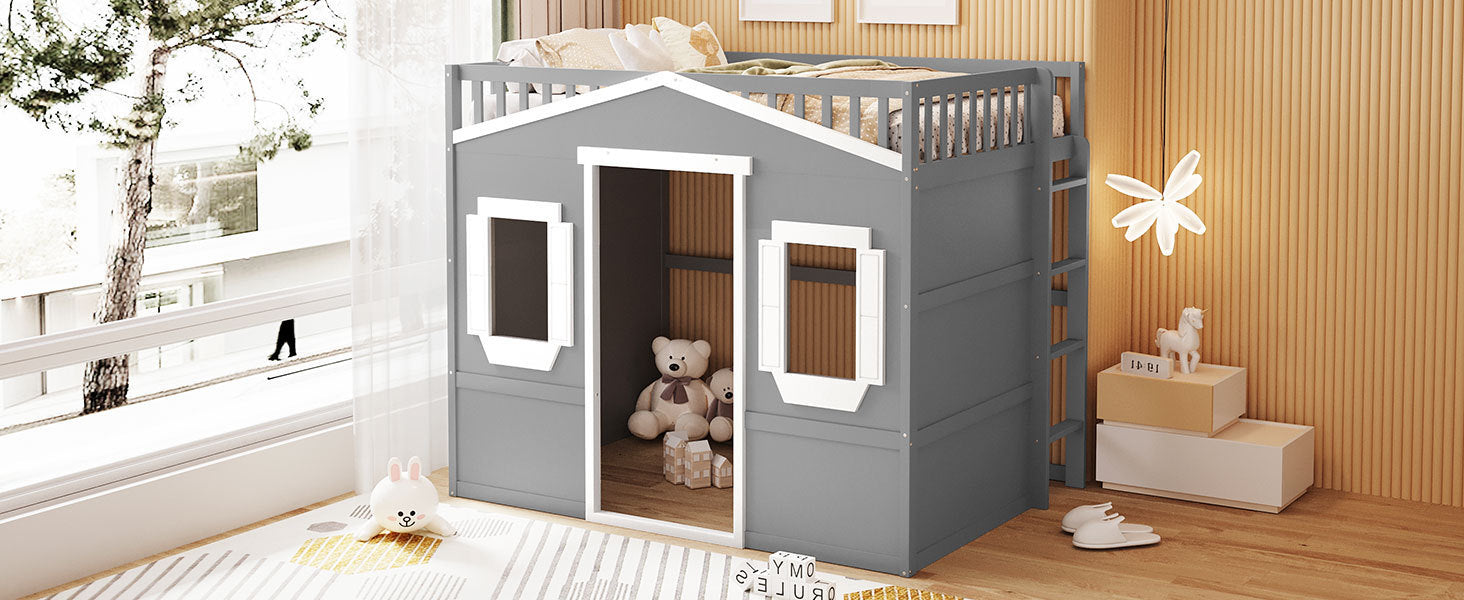 Full Size House Loft Bed With Ladder-Gray+White Frame - Atlantic Fine Furniture Melbourne FL