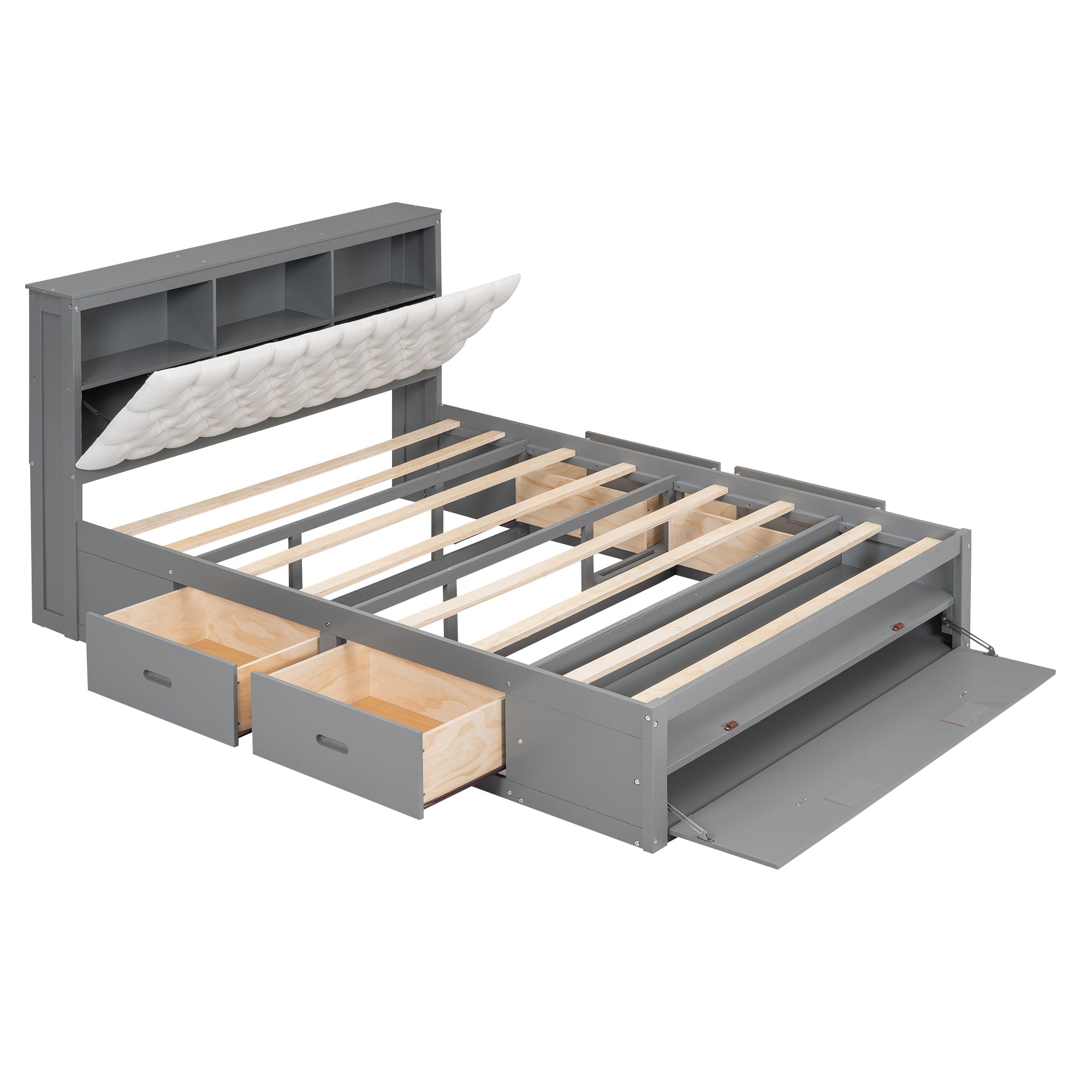 Wood Queen Size Platform Bed with Storage Headboard, shoe rack and 4 drawers,Gray - Atlantic Fine Furniture Melbourne FL