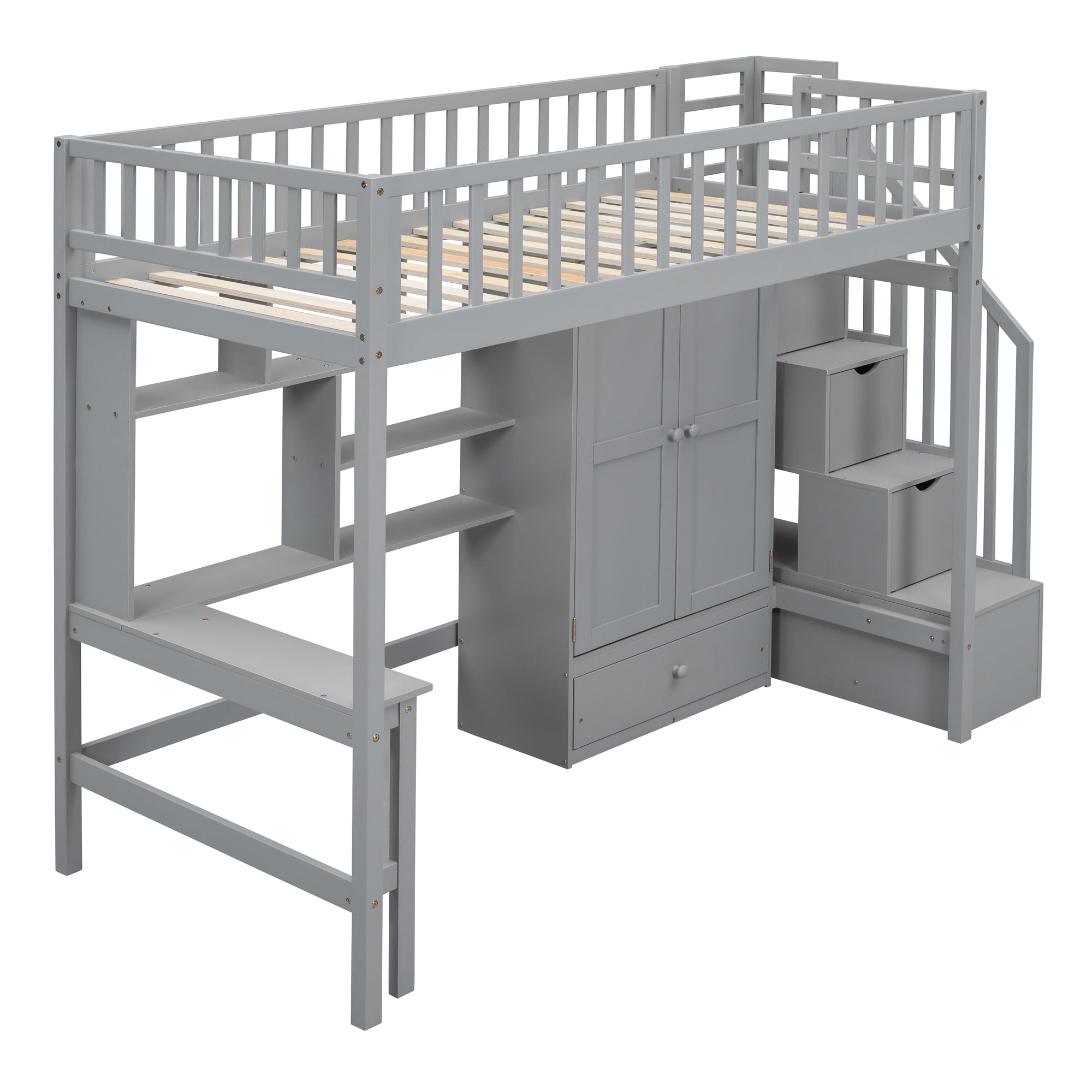 Twin size Loft Bed with Bookshelf,Drawers,Desk,and Wardrobe-Gray - Atlantic Fine Furniture Melbourne FL