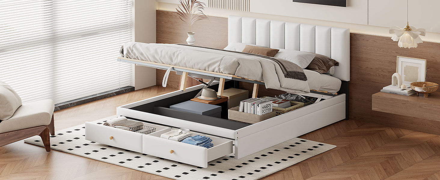 Queen Size Upholstered Bed with Hydraulic Storage System and Drawer, White - Atlantic Fine Furniture Melbourne FL