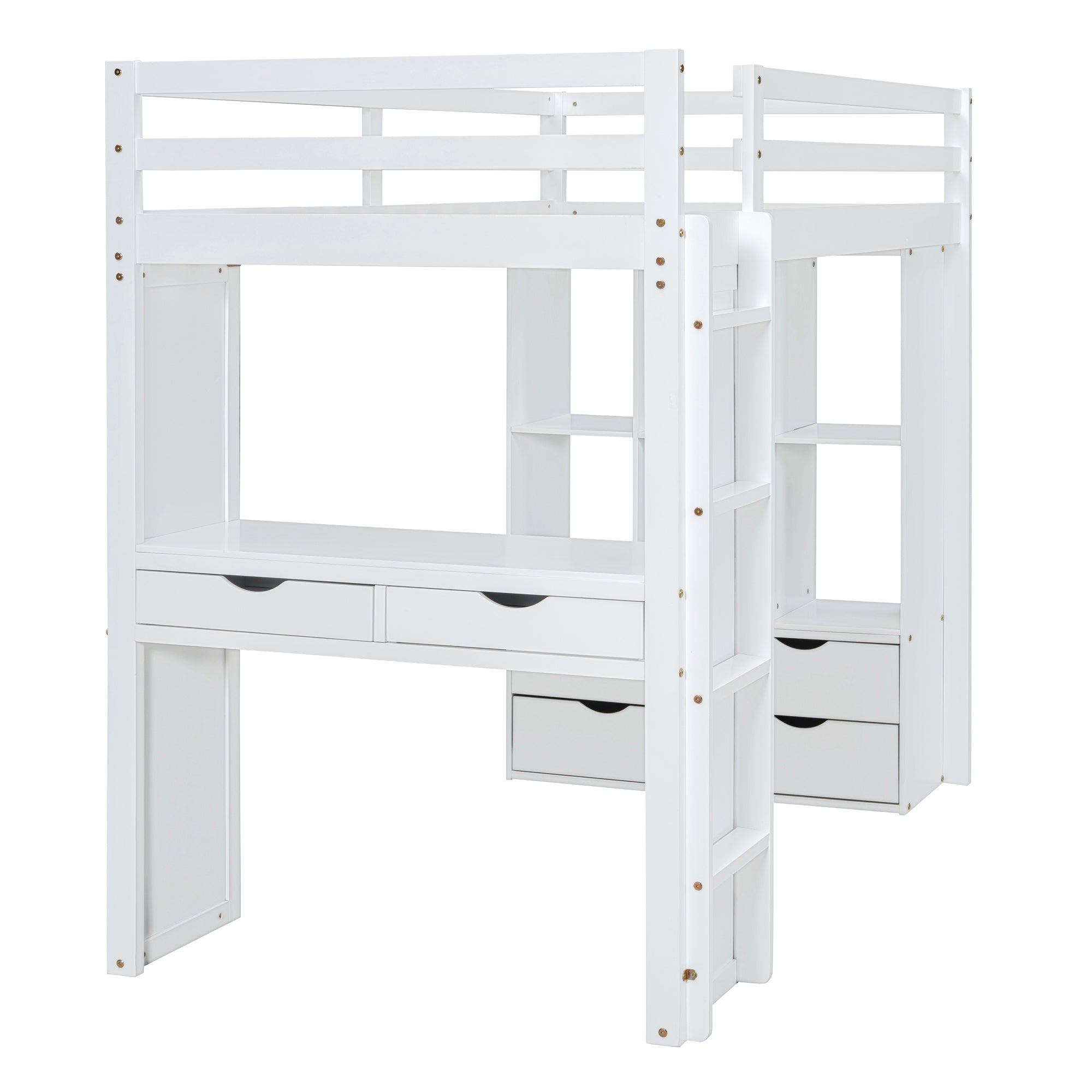 Twin Size Loft Bed with large shelves, writing desk and LED Light, White - Atlantic Fine Furniture Melbourne FL