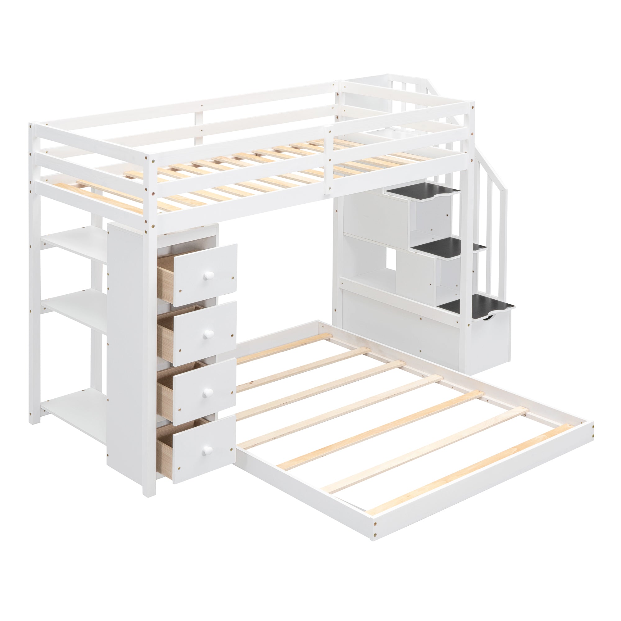Twin Over Full Bunk Bed with 3-layer Shelves, Drawers and Storage Stairs, White - Atlantic Fine Furniture Melbourne FL