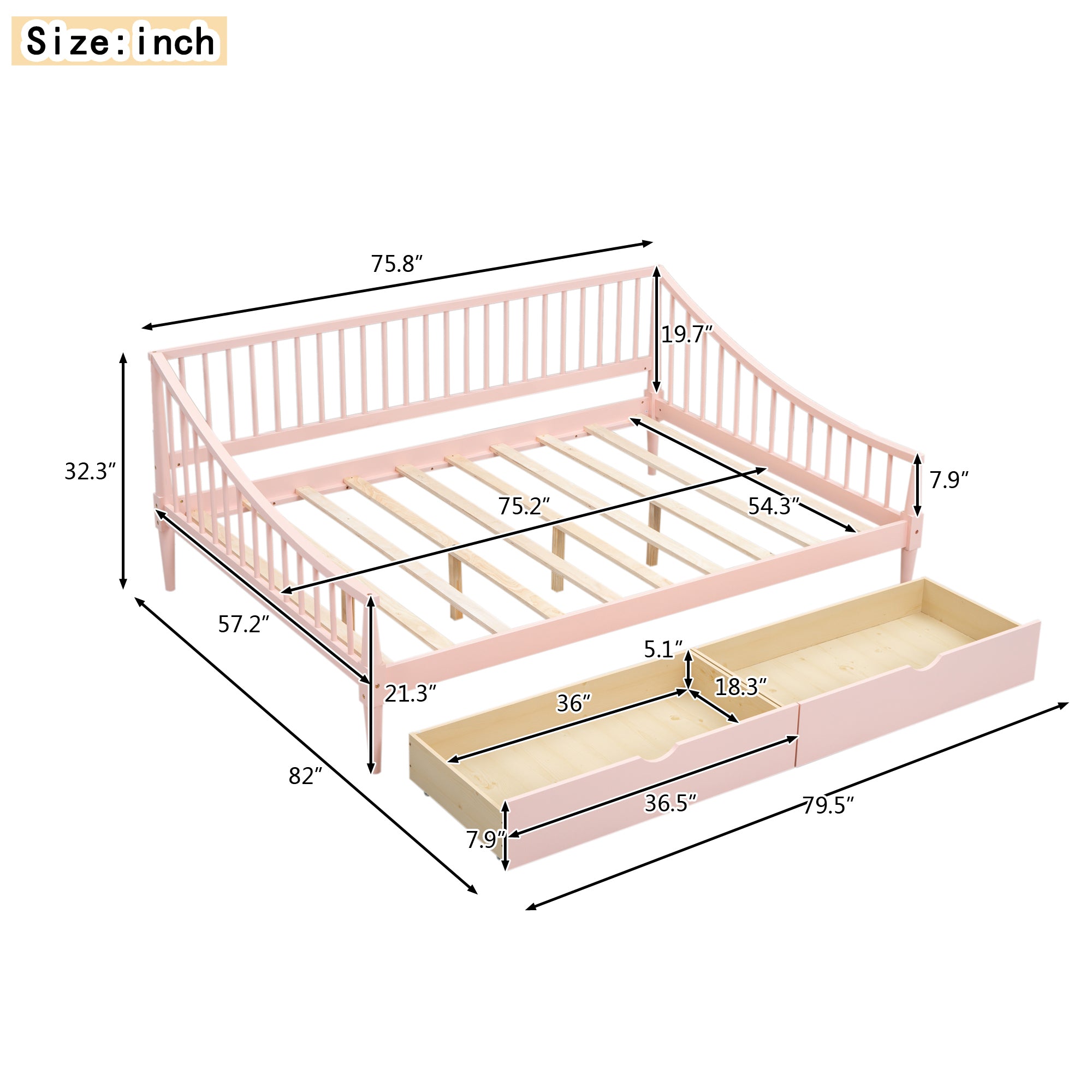 Full Size Daybed with Two Storage Drawers and Support Legs, Pink - Atlantic Fine Furniture Melbourne FL