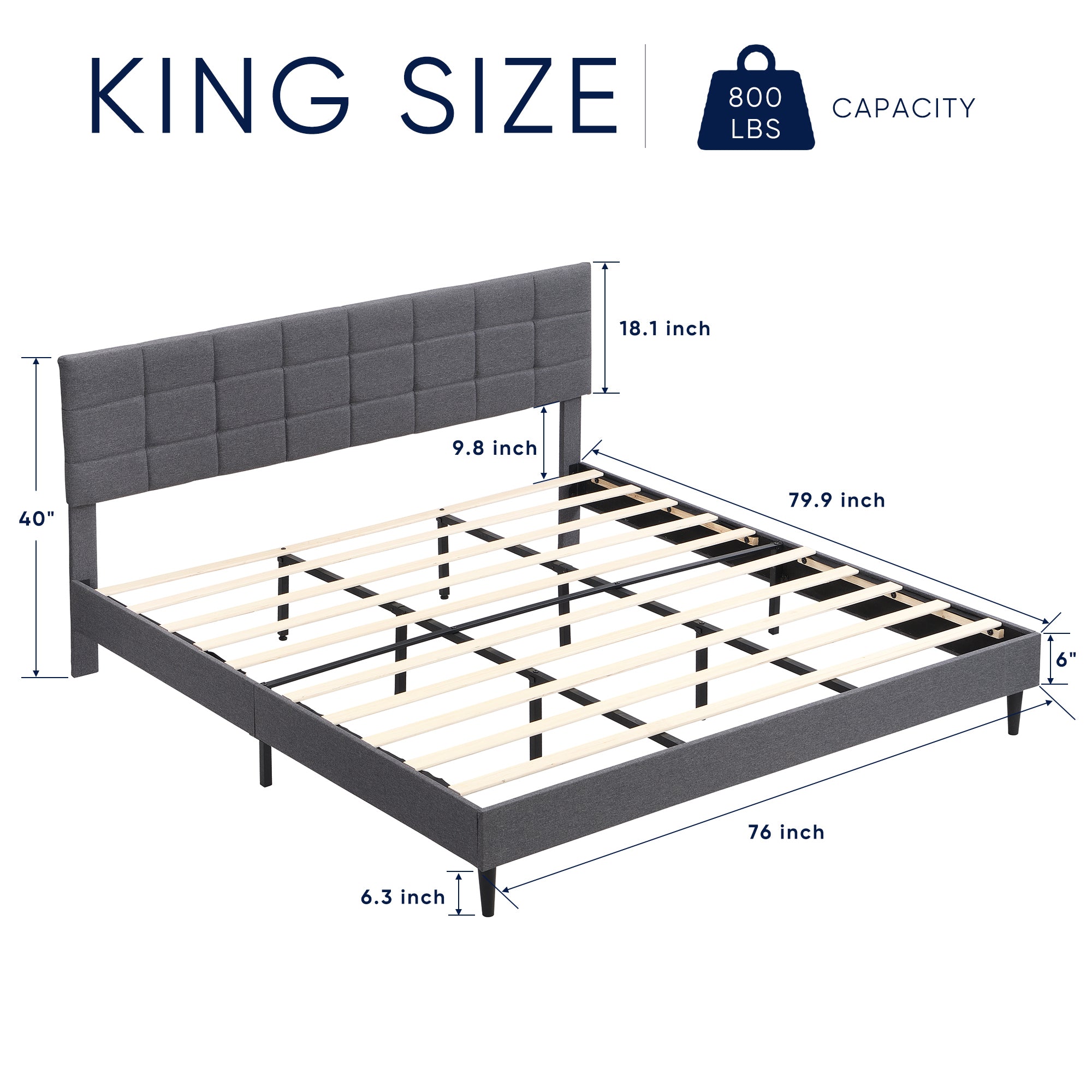 King Size Platform Bed Frame with Fabric Upholstered Headboard and Wooden Slats, No Box Spring Needed/Easy Assembly, Dark Grey - Atlantic Fine Furniture Melbourne FL