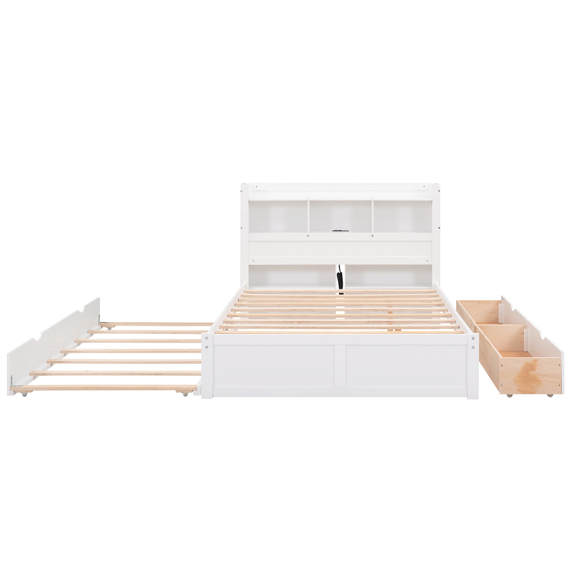 Full Size Storage Platform Bed with Pull Out Shelves, Twin Size Trundle and 2 Drawers, White - Atlantic Fine Furniture Melbourne FL