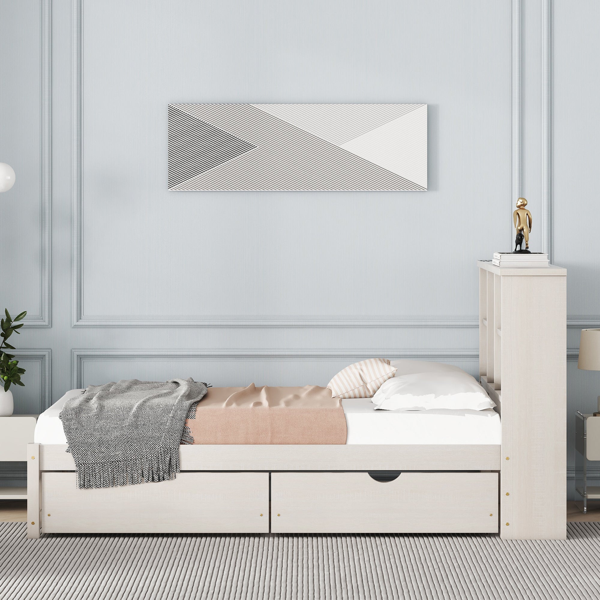 Modern Twin Size Bed Frame With Built-in USB Port on Bookcase Headboard and 2 Drawers for White Washed Color - Atlantic Fine Furniture Melbourne FL