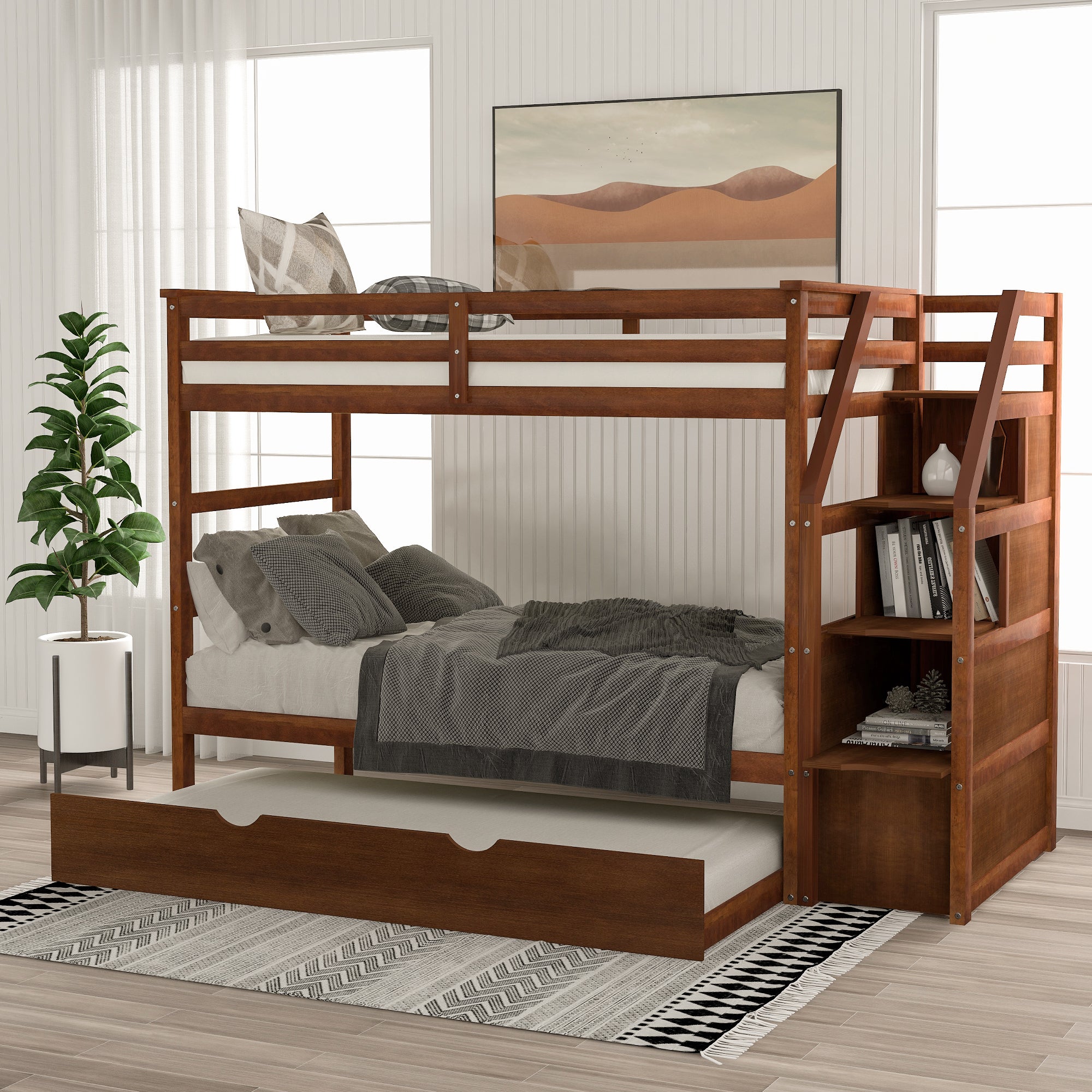 Twin-Over-Twin Bunk Bed with Twin Size Trundle and 3 Storage Stairs,Walnut (OLD SKU :LP000064AAD) - Atlantic Fine Furniture Melbourne FL