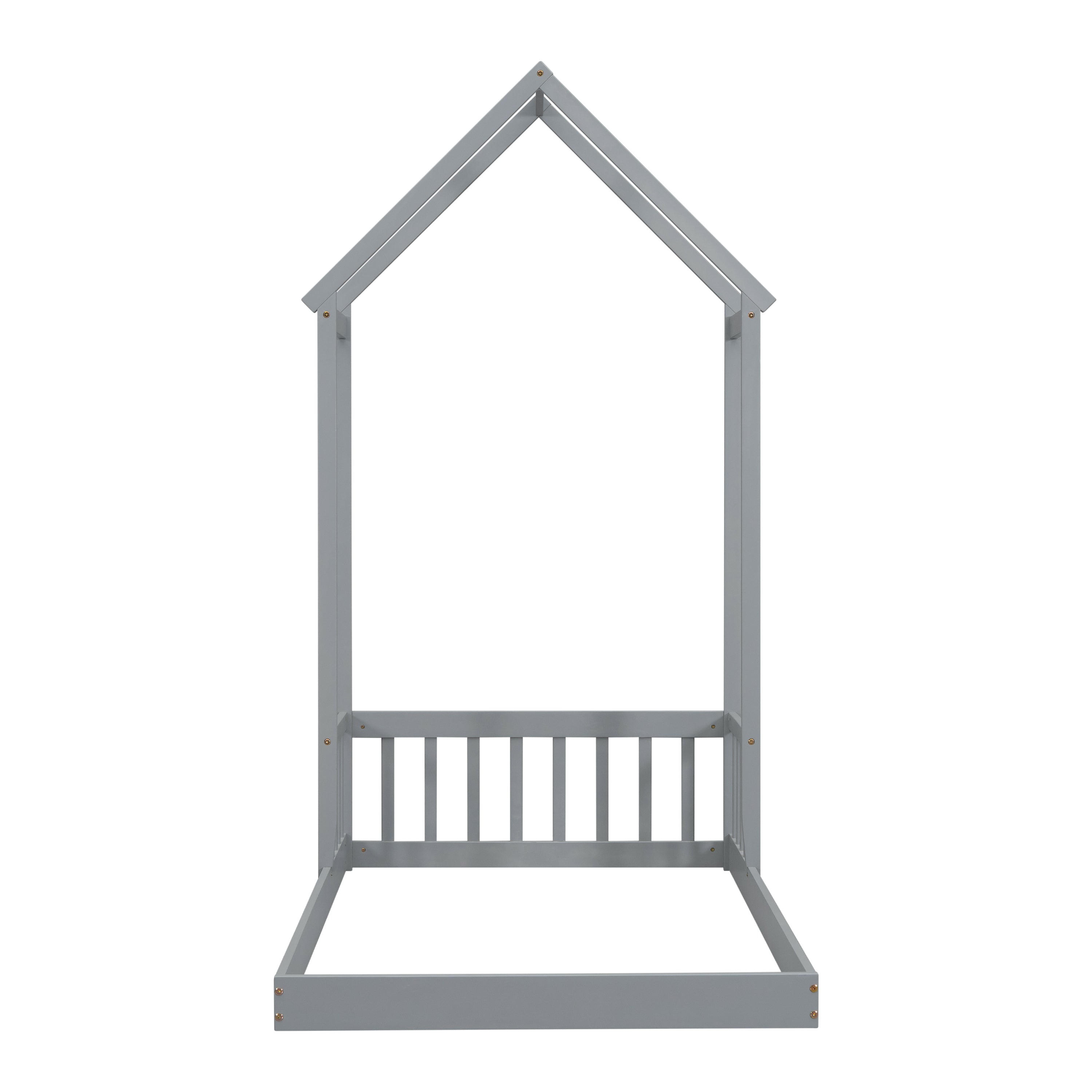 Twin House-shaped Roof Headboard Floor Bed,,(without slats),Grey