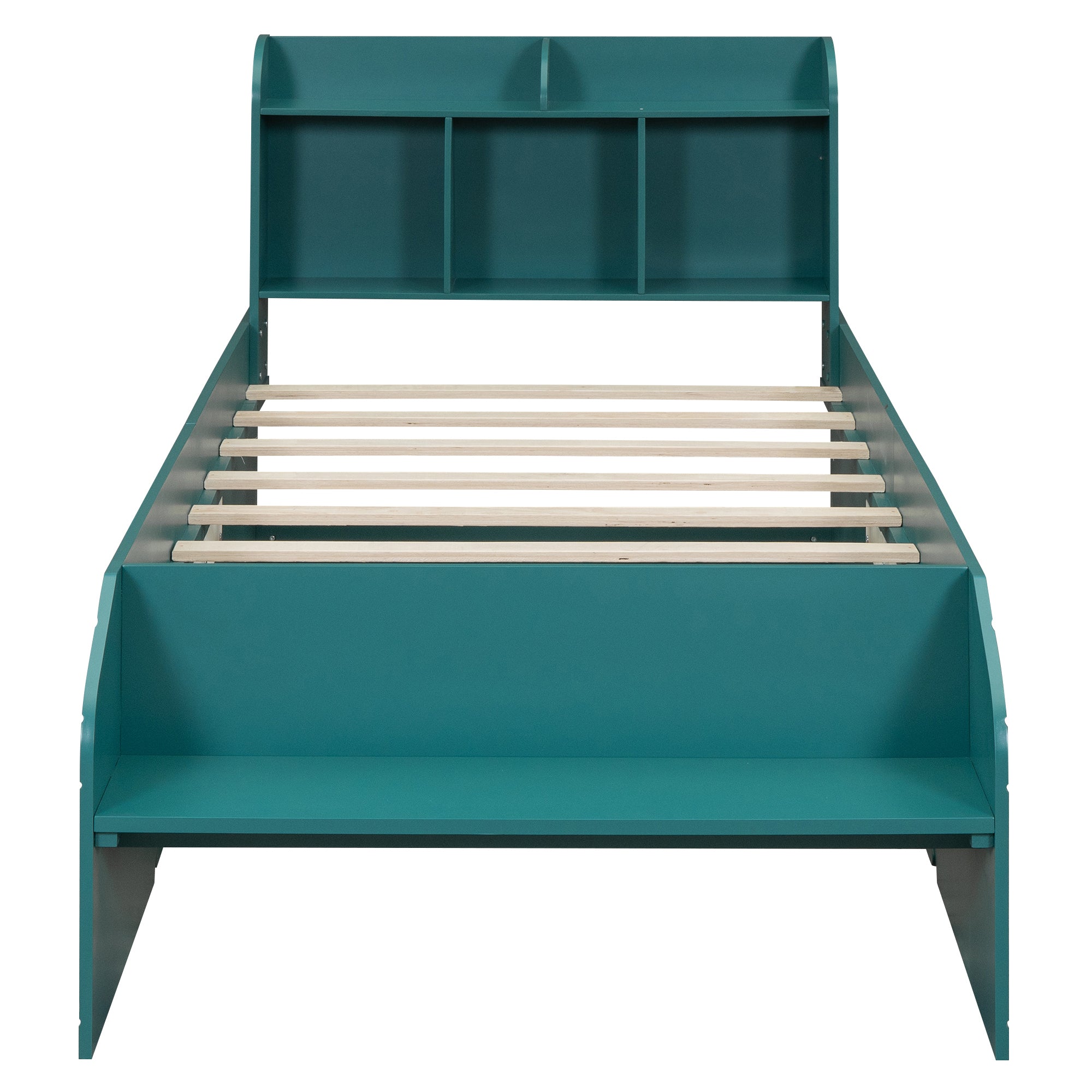 Wood Twin Size Platform Bed with 2 Drawers, Storage Headboard and Footboard, Dark Green