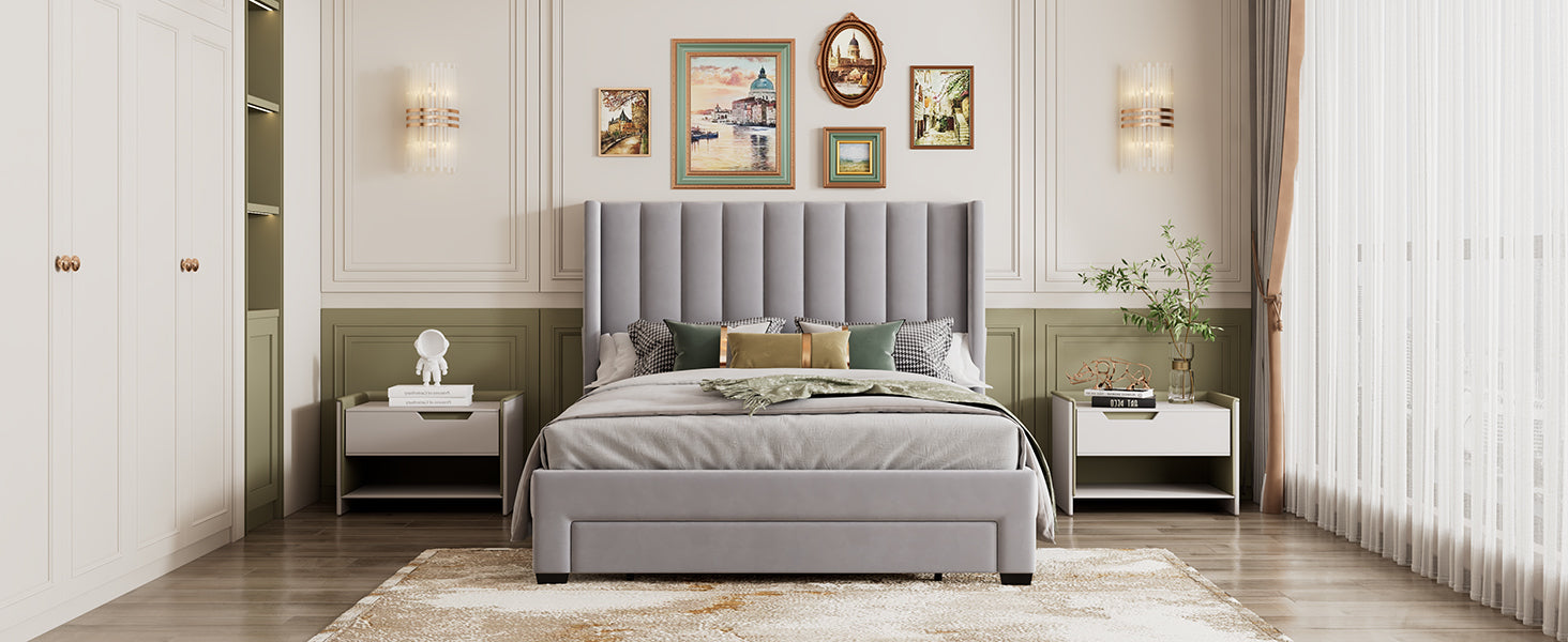 Queen Size Storage Bed Velvet Upholstered Platform Bed with a Big Drawer - Gray - Atlantic Fine Furniture Melbourne FL