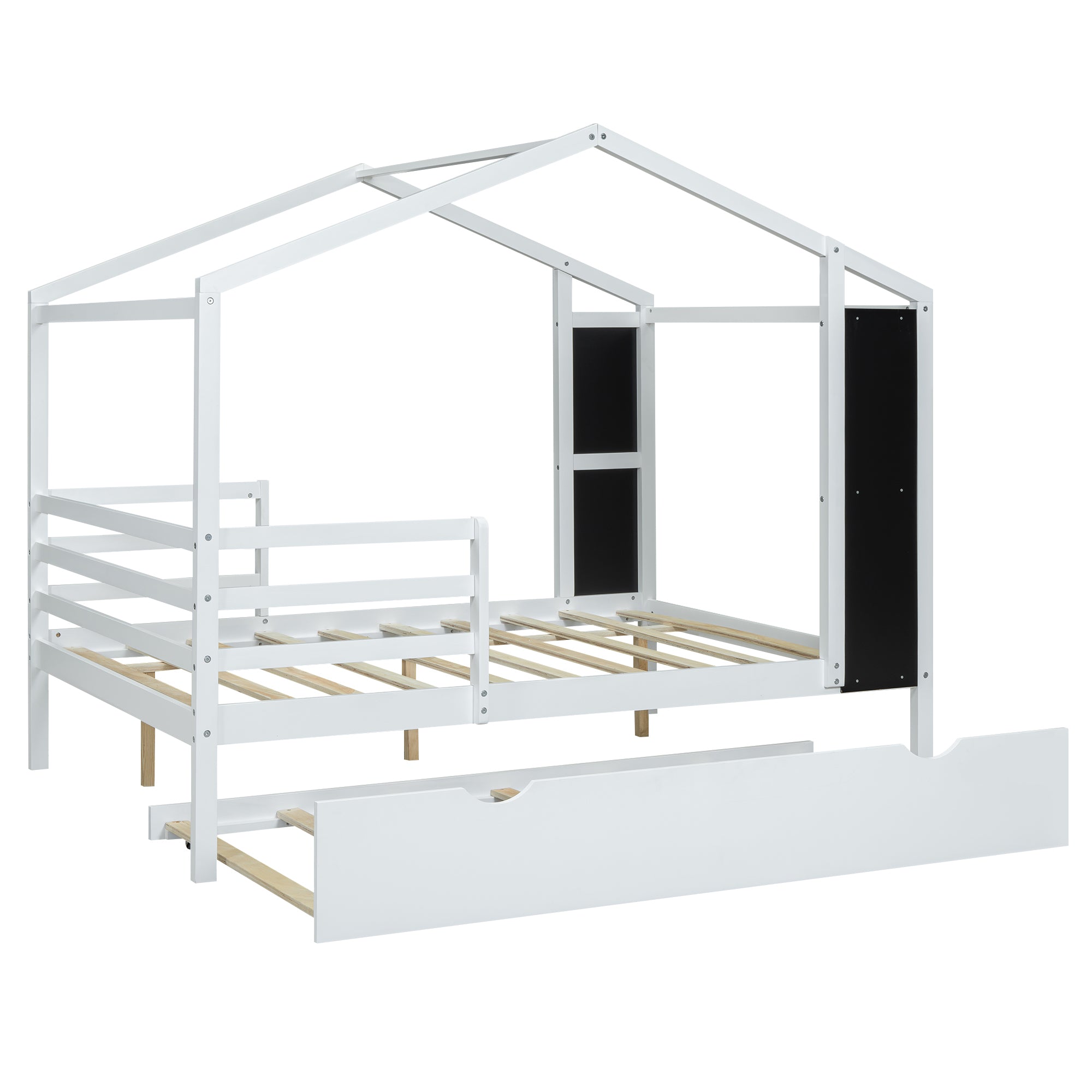 Full Size Wood House Bed with Fence and Writing Board, White - Atlantic Fine Furniture Melbourne FL