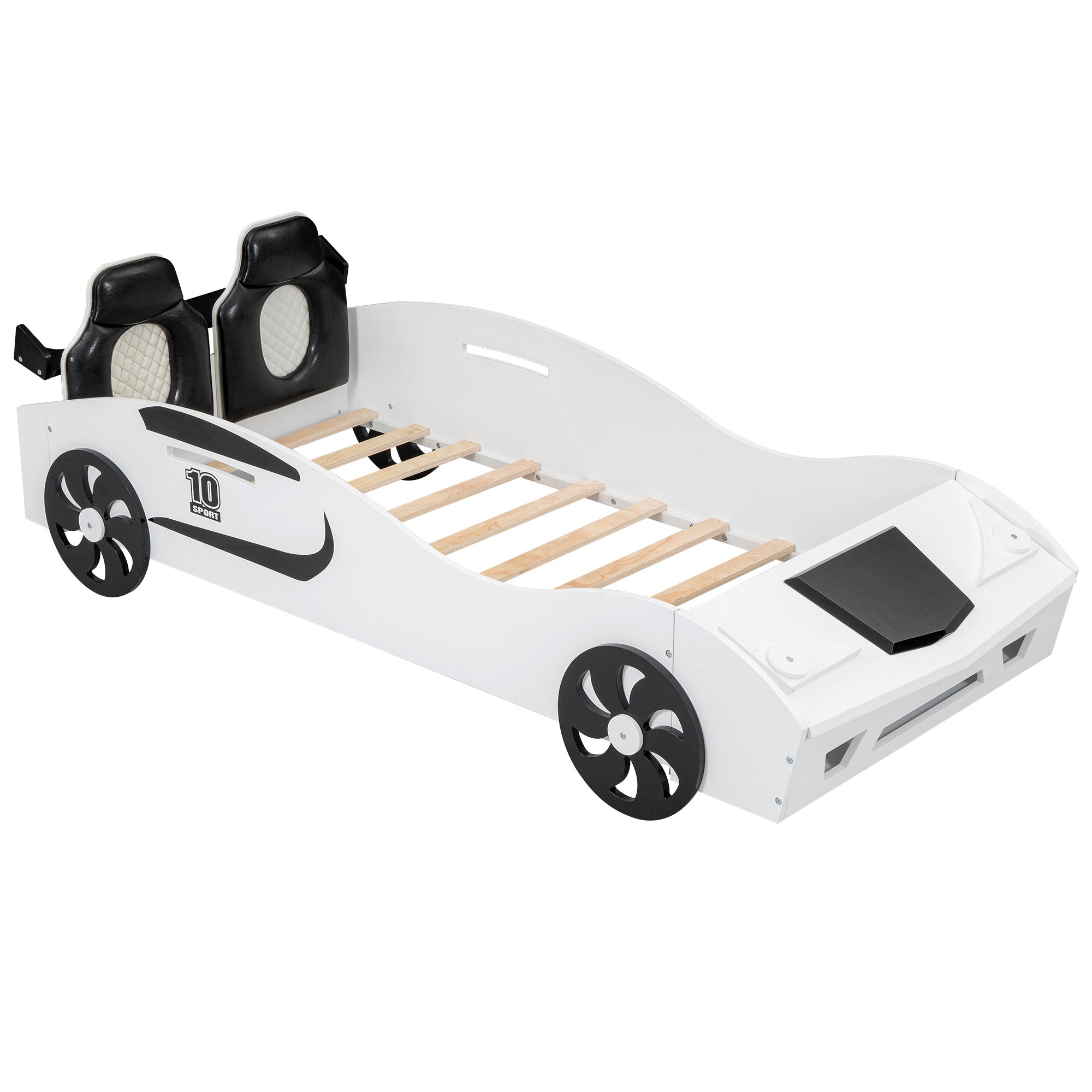 Twin Size Race Car-Shaped Platform Bed with Upholstered Backrest and Storage, White - Atlantic Fine Furniture Melbourne FL