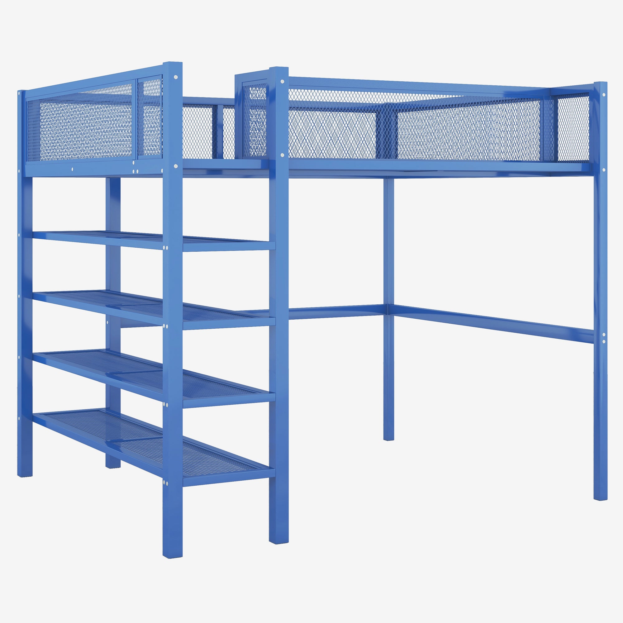 Full Size Metal Loft Bed with 4-Tier Shelves and Storage, Blue - Atlantic Fine Furniture Melbourne FL