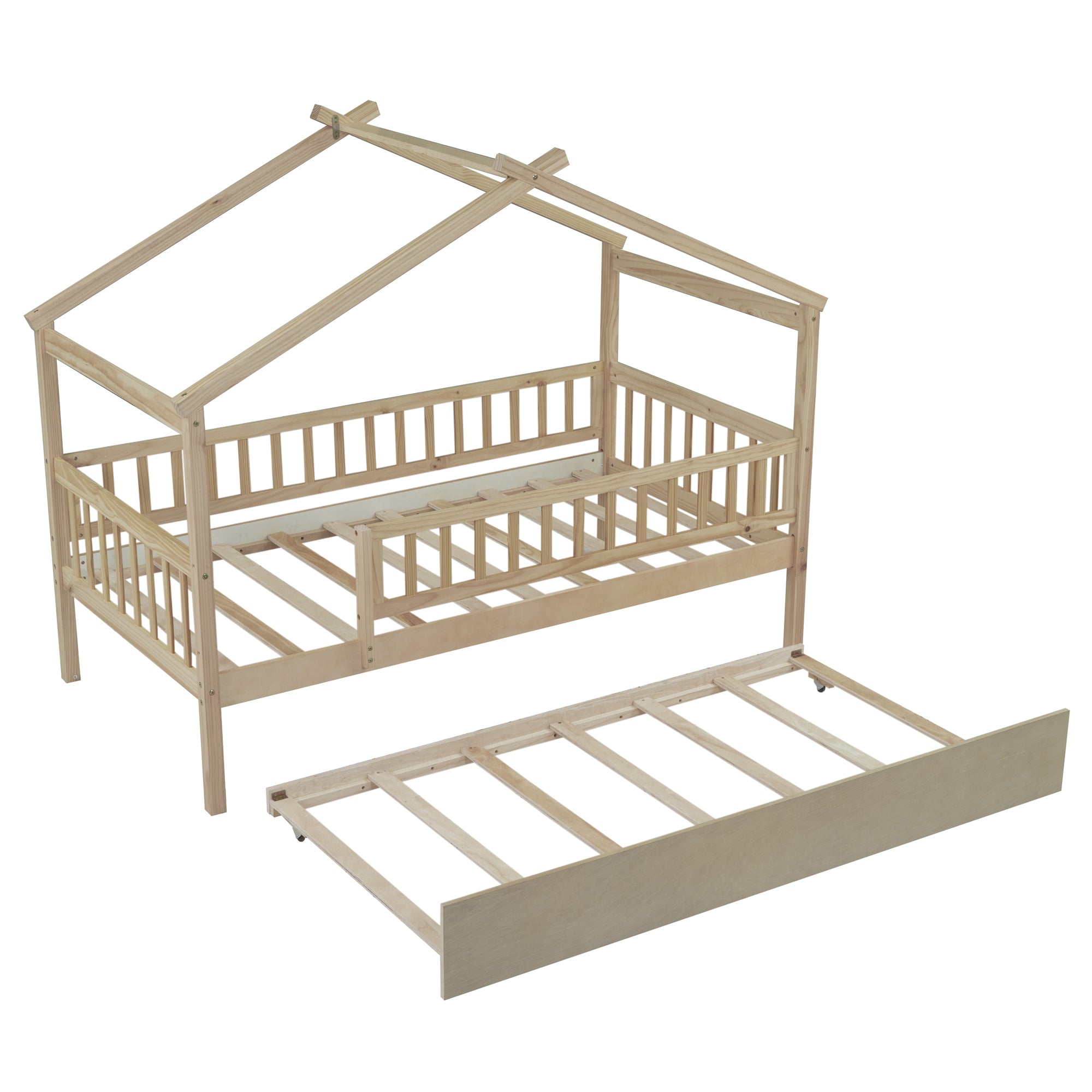 Twin Size Wooden House Bed with Twin Size Trundle, Natural - Atlantic Fine Furniture Melbourne FL