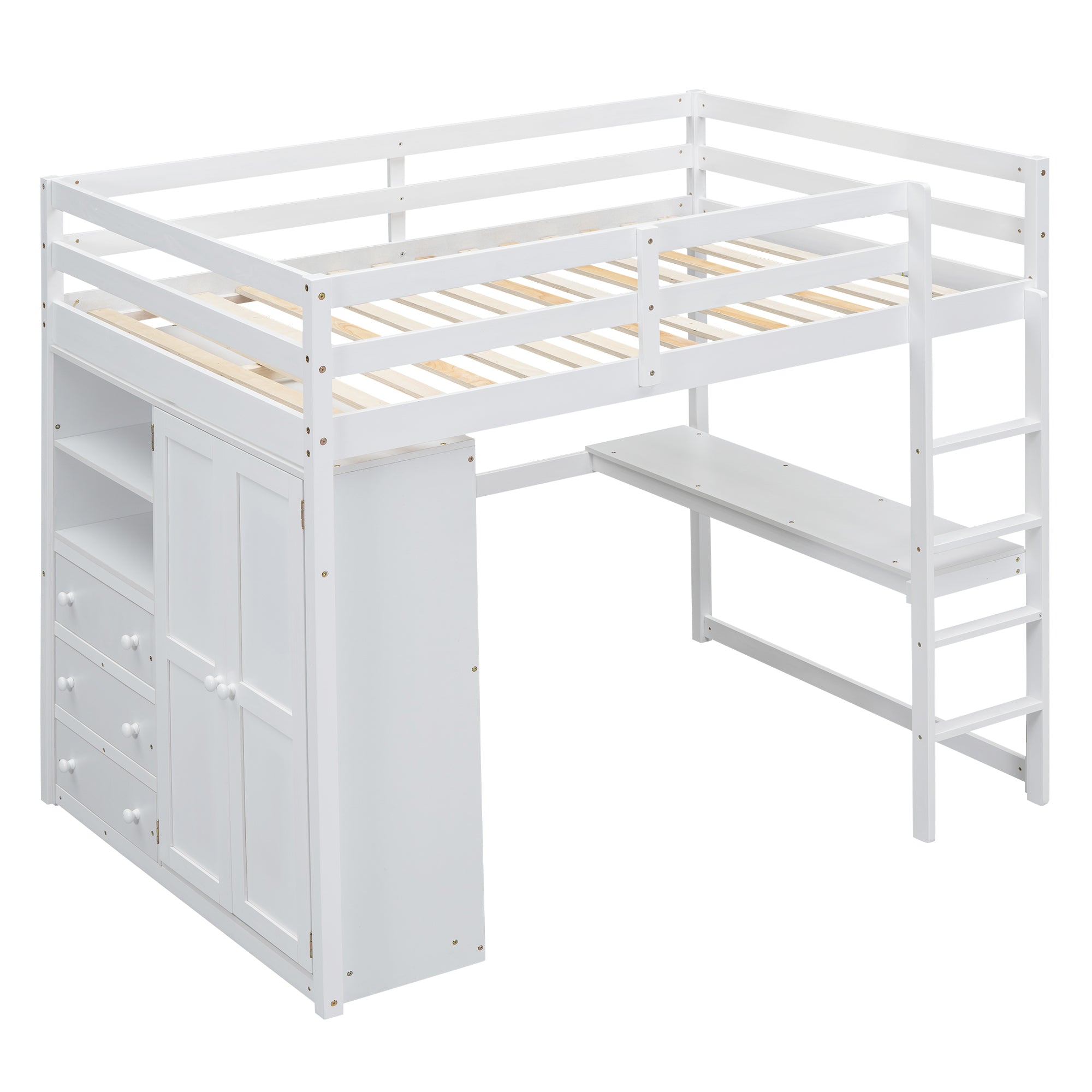 Wood Full Size Loft Bed with Built-in Wardrobe, Desk, Storage Shelves and Drawers, White - Atlantic Fine Furniture Melbourne FL