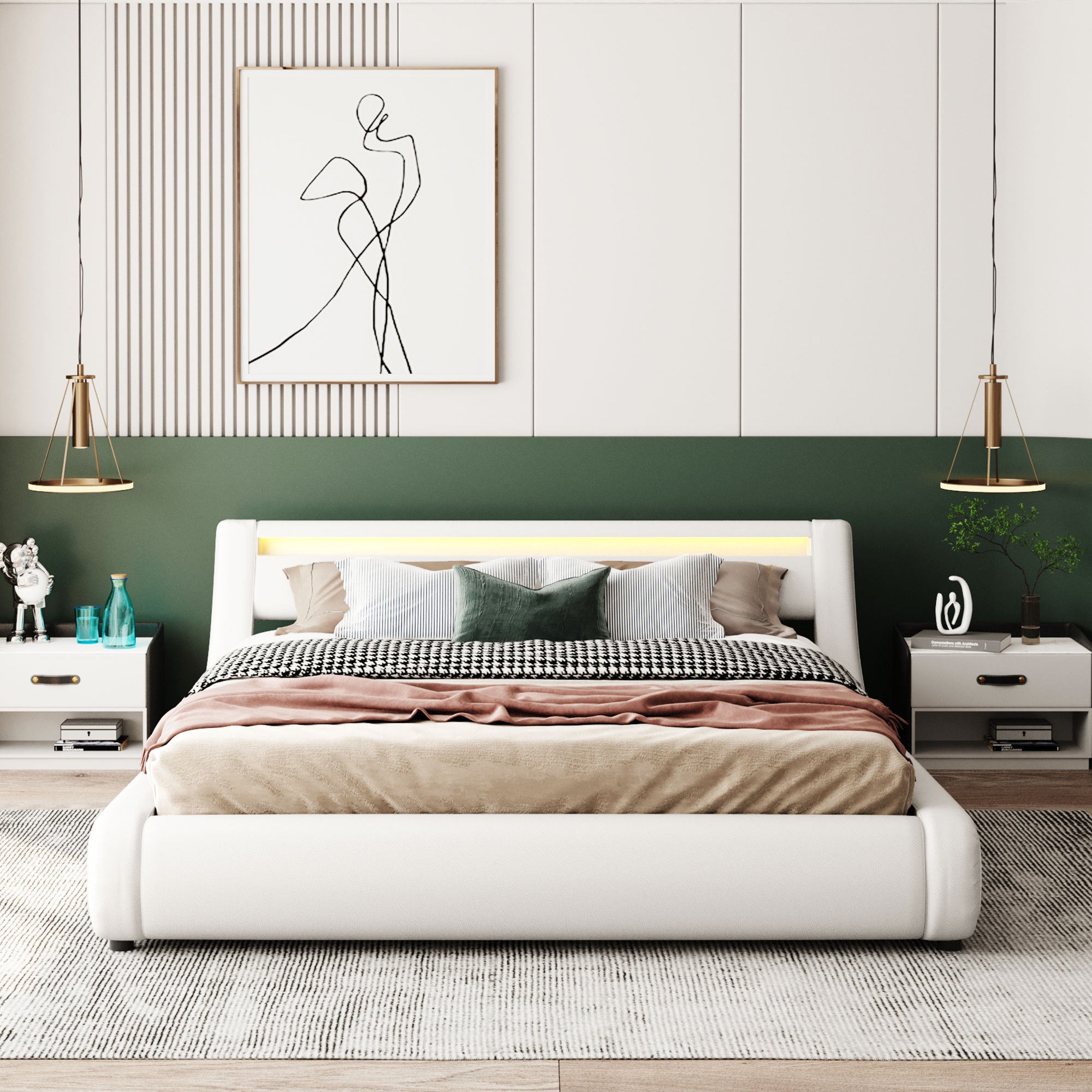 Upholstered Faux Leather Platform bed with a Hydraulic Storage System with LED Light Headboard Bed Frame with Slatted Queen Size - Atlantic Fine Furniture Melbourne FL