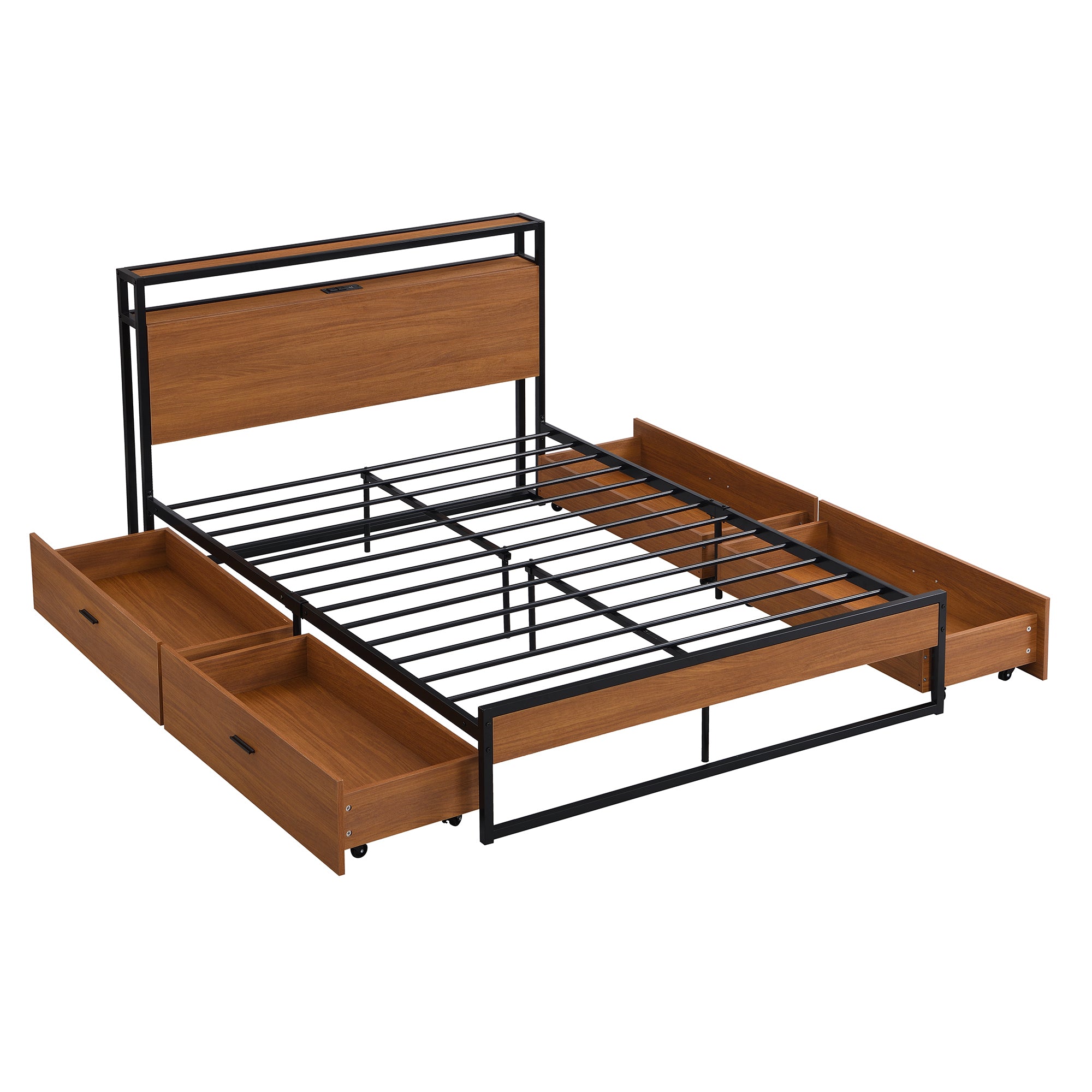 Full Size Metal Platform Bed Frame with Four Drawers,Sockets and USB Ports ,Slat Support No Box Spring Needed Black - Atlantic Fine Furniture Melbourne FL