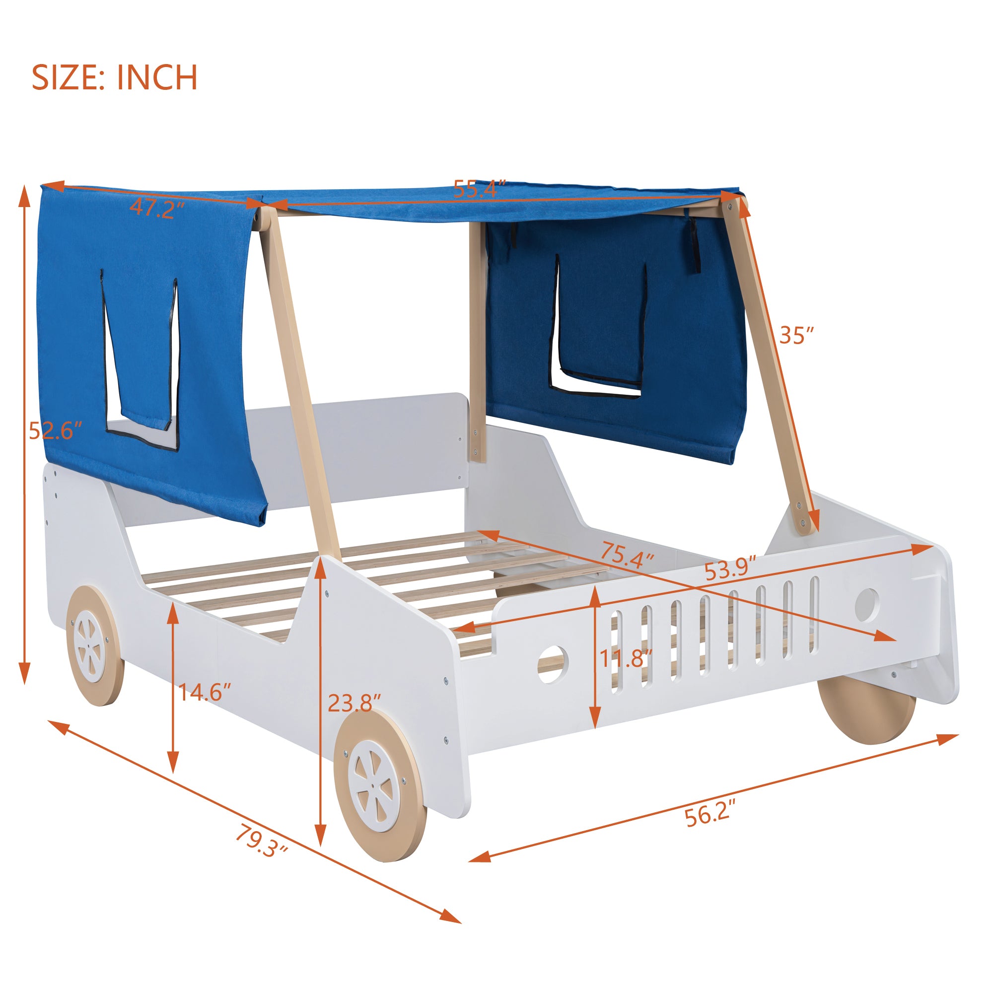 Full Size Car Shaped Bed with Tents,White+Natural - Atlantic Fine Furniture Melbourne FL