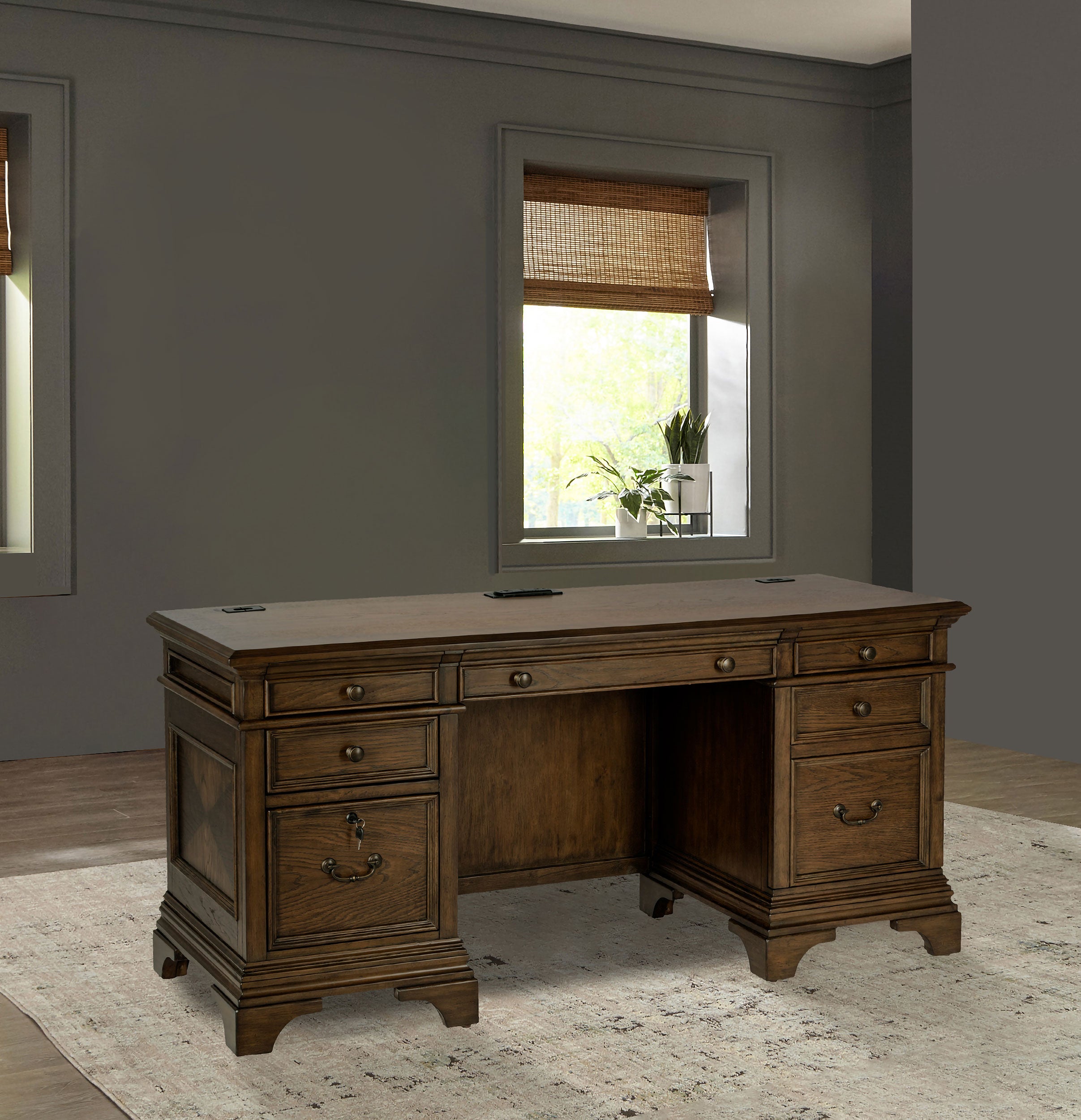 Hartshill 66-inch 5-drawer Credenza Office Desk Burnish Oak — view 2