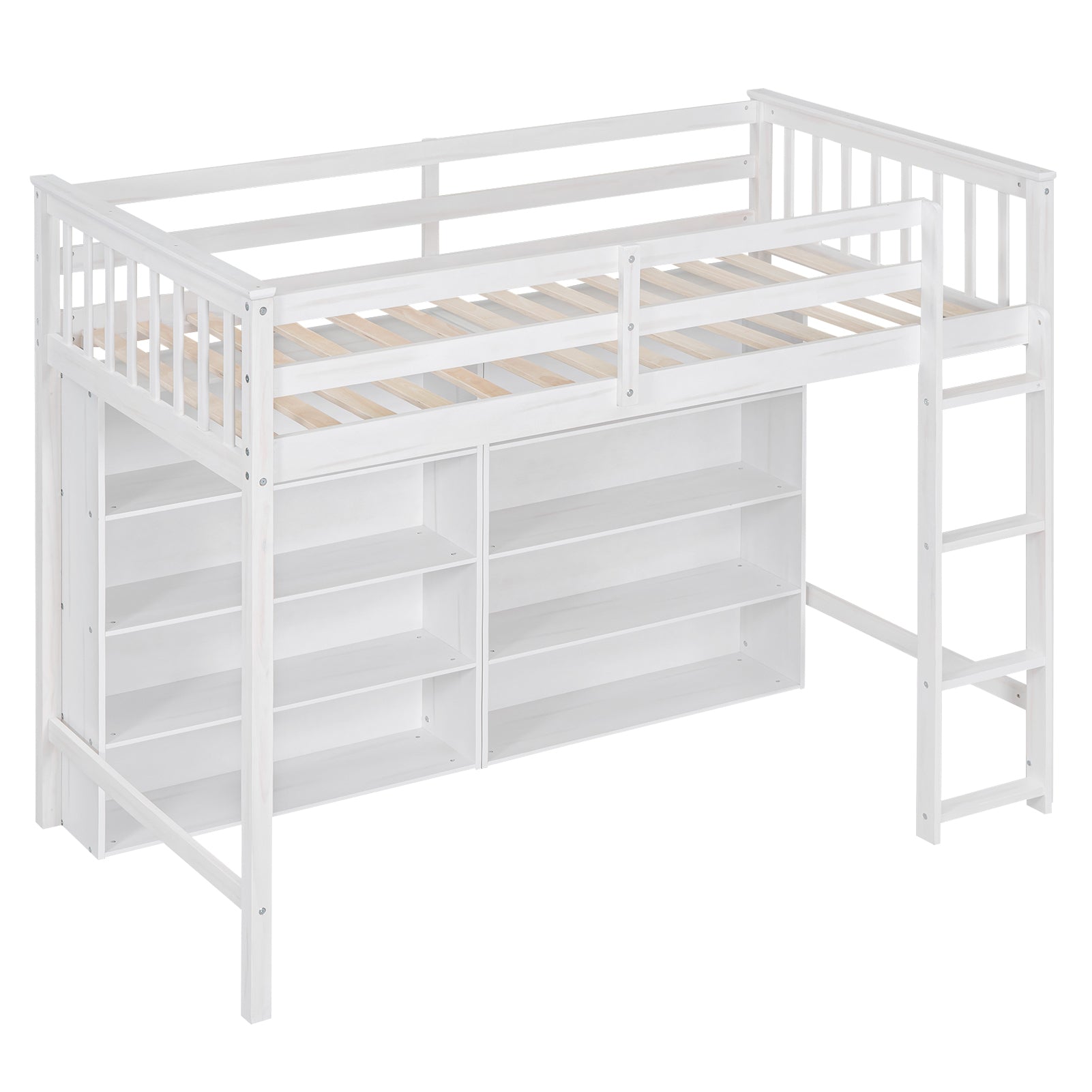 Twin Size Loft Bed with 8 Open Storage Shelves and Built-in Ladder, White - Atlantic Fine Furniture Melbourne FL