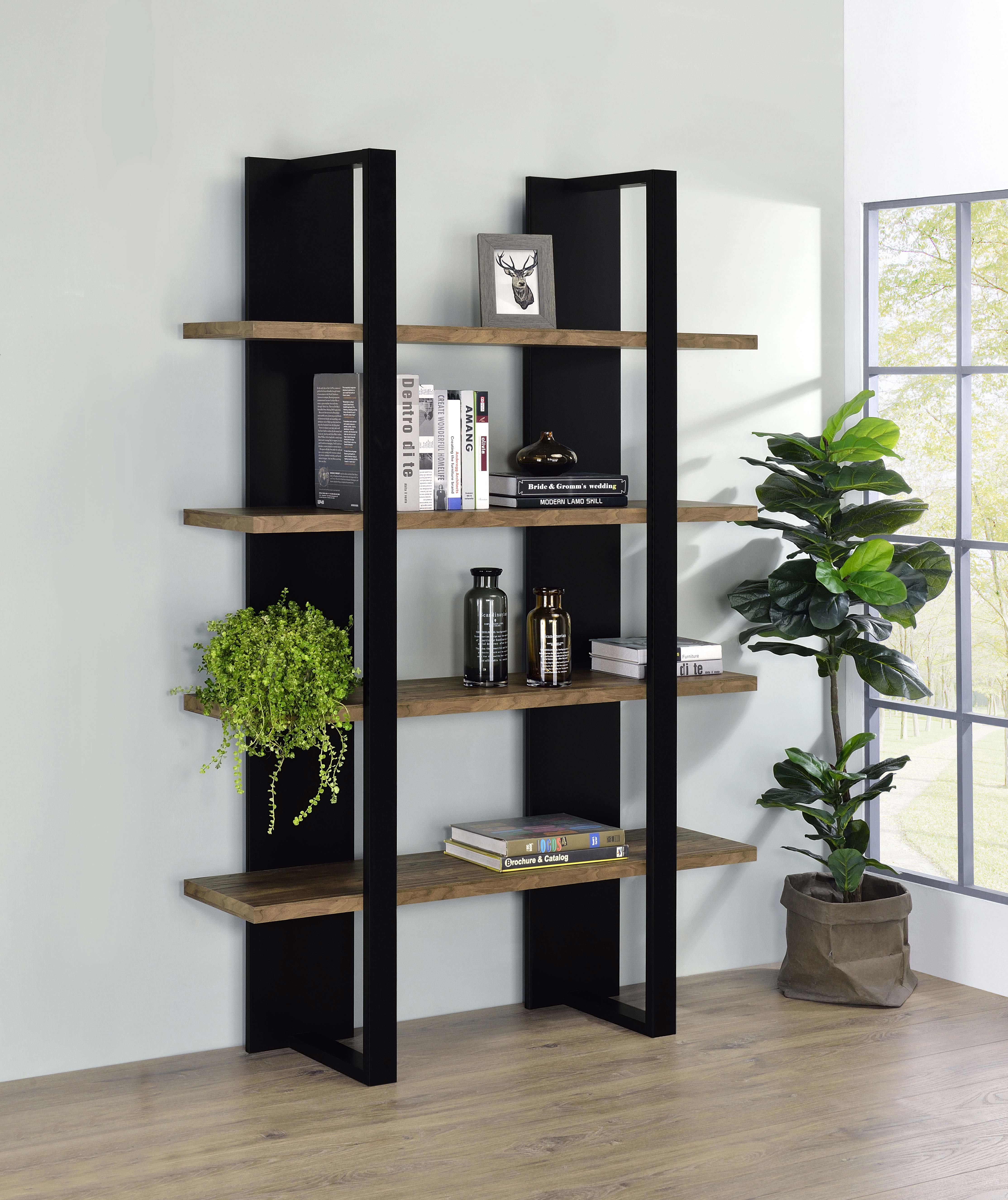 Danbrook 71-inch 4-shelf Bookshelf Black and Aged Walnut — view 2