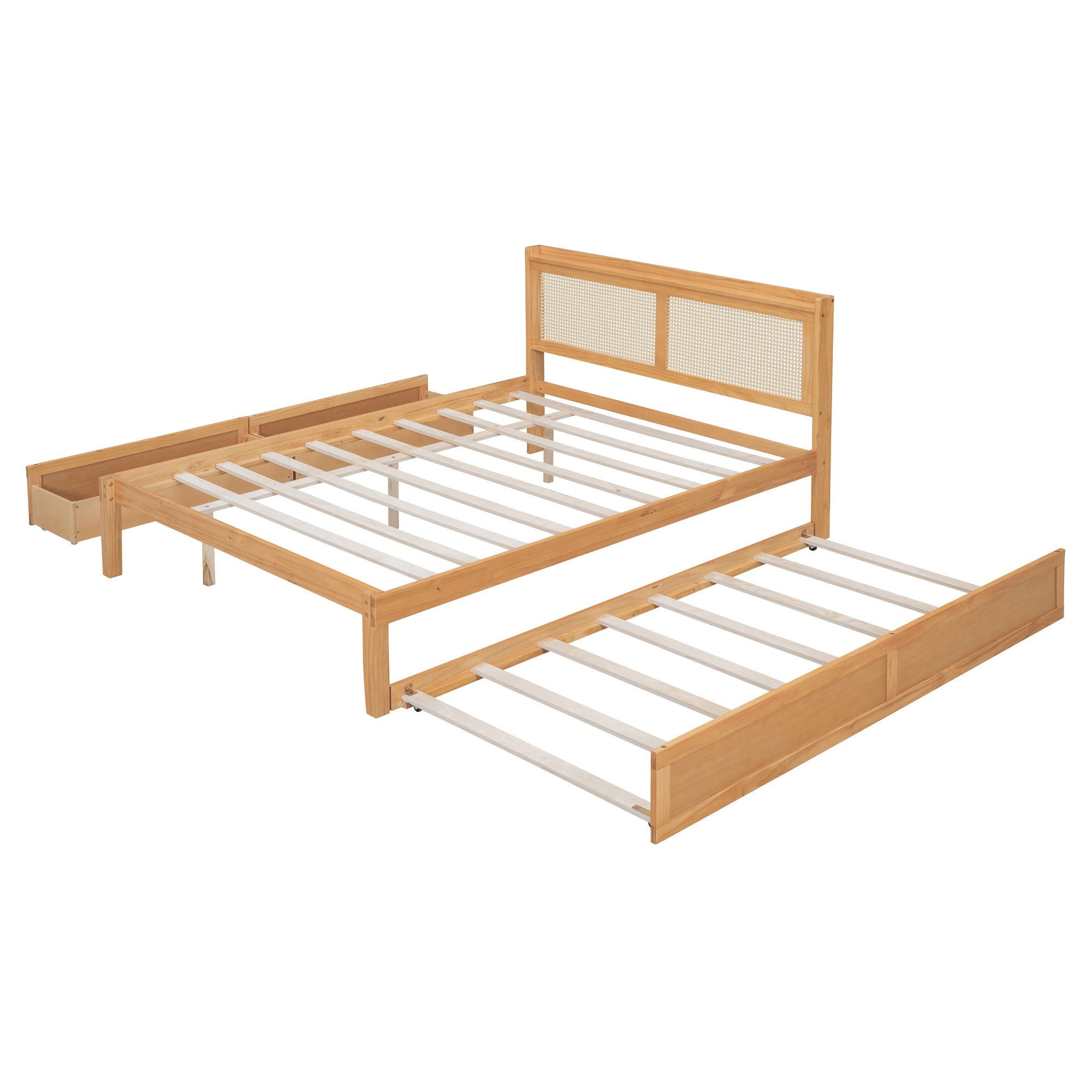 Queen Size Elegant Bed Frame with Rattan Headboard and Sockets ,Walnut - Atlantic Fine Furniture Melbourne FL