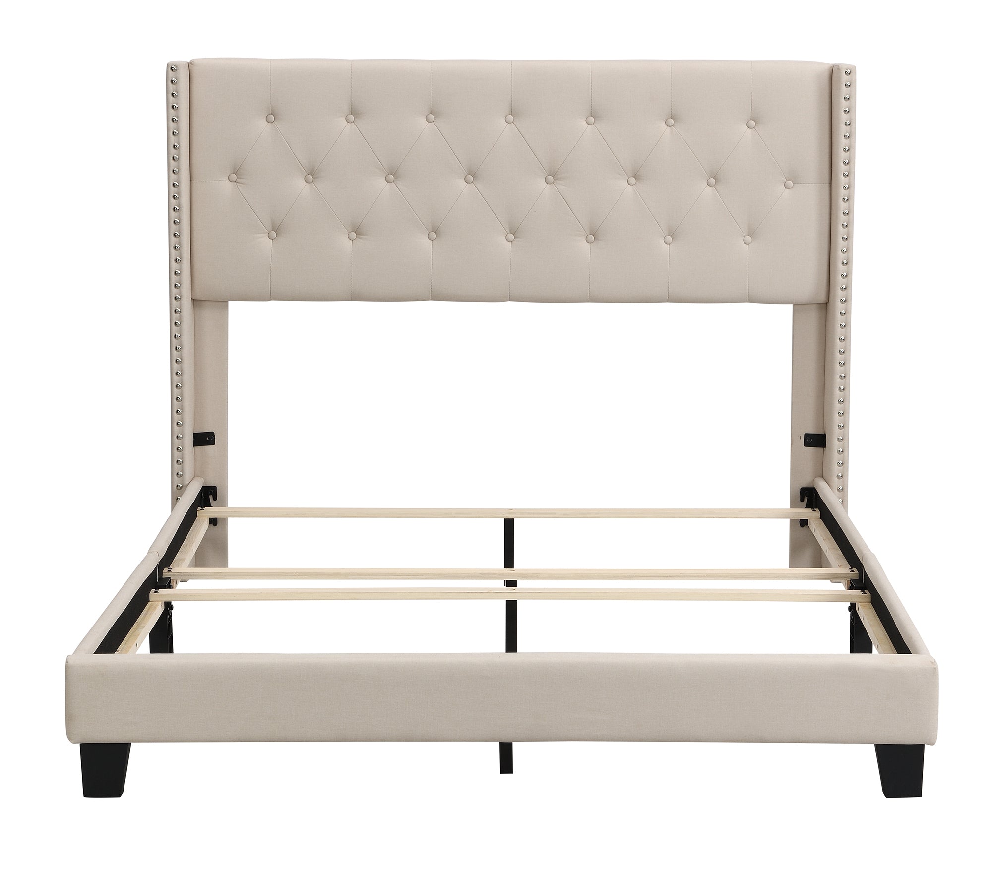 Upholstered Platform Bed with Classic Headboard, Box Spring Needed, Beige Linen Fabric, Queen Size - Atlantic Fine Furniture Melbourne FL