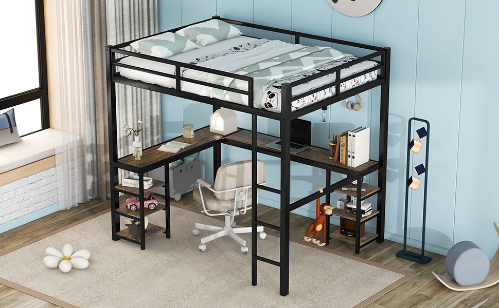Full Metal Loft Bed with Desk and Shelves, Loft Bed with Ladder and Guardrails, Loft Bed Frame for Bedroom, Black (Old SKU: W1307S00016) (Pre-sale date: 2024/3/7.)