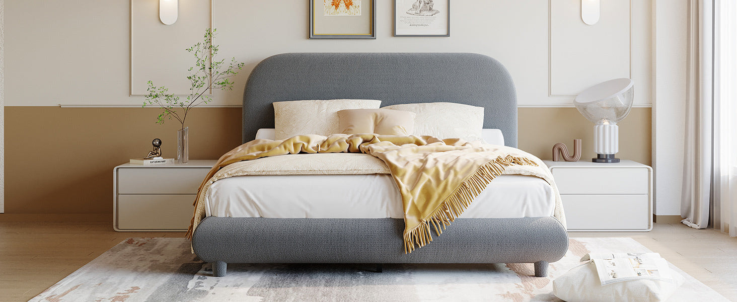 Teddy Fleece Full Size Upholstered Platform Bed with Thick Fabric, Solid Frame and Stylish Curve-shaped Design, Gray - Atlantic Fine Furniture Melbourne FL
