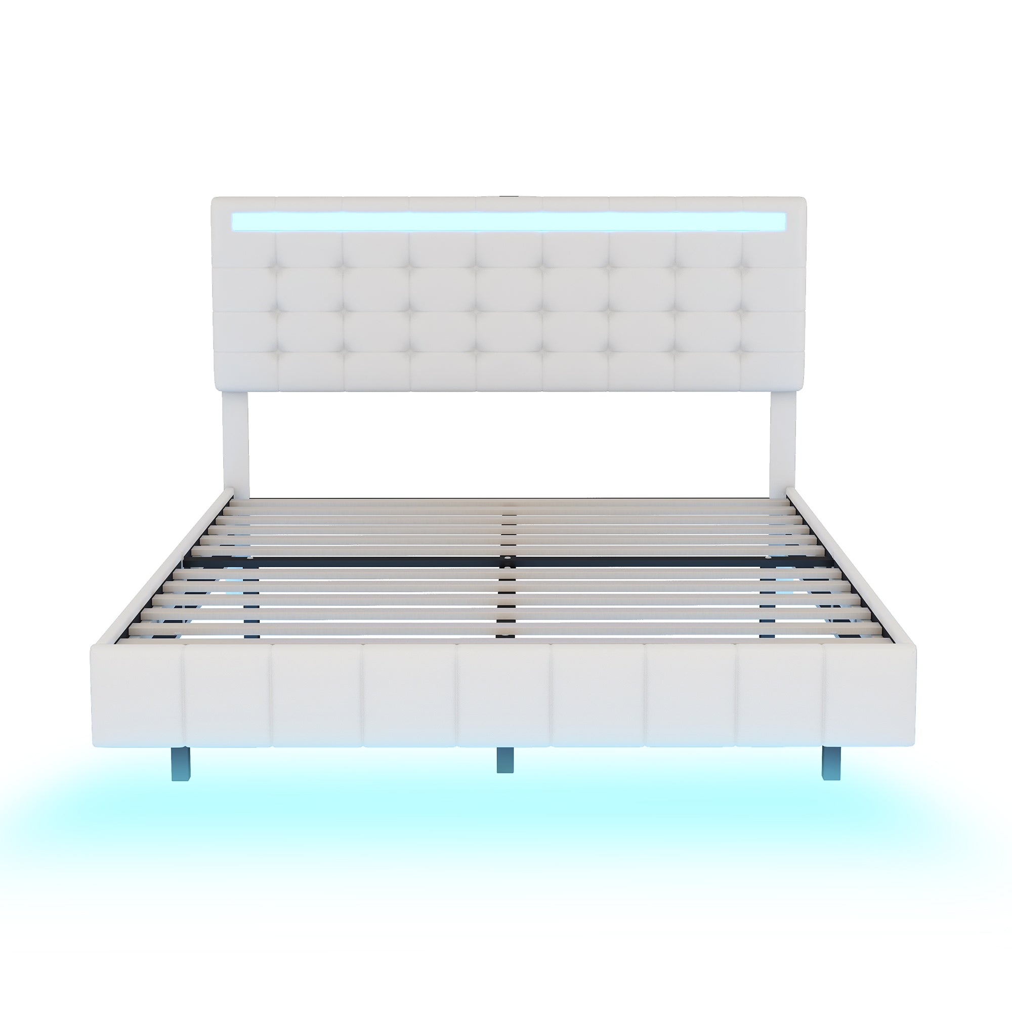 Queen Size Floating Bed Frame with LED Lights and USB Charging,Modern Upholstered Platform LED Bed Frame,White - Atlantic Fine Furniture Melbourne FL
