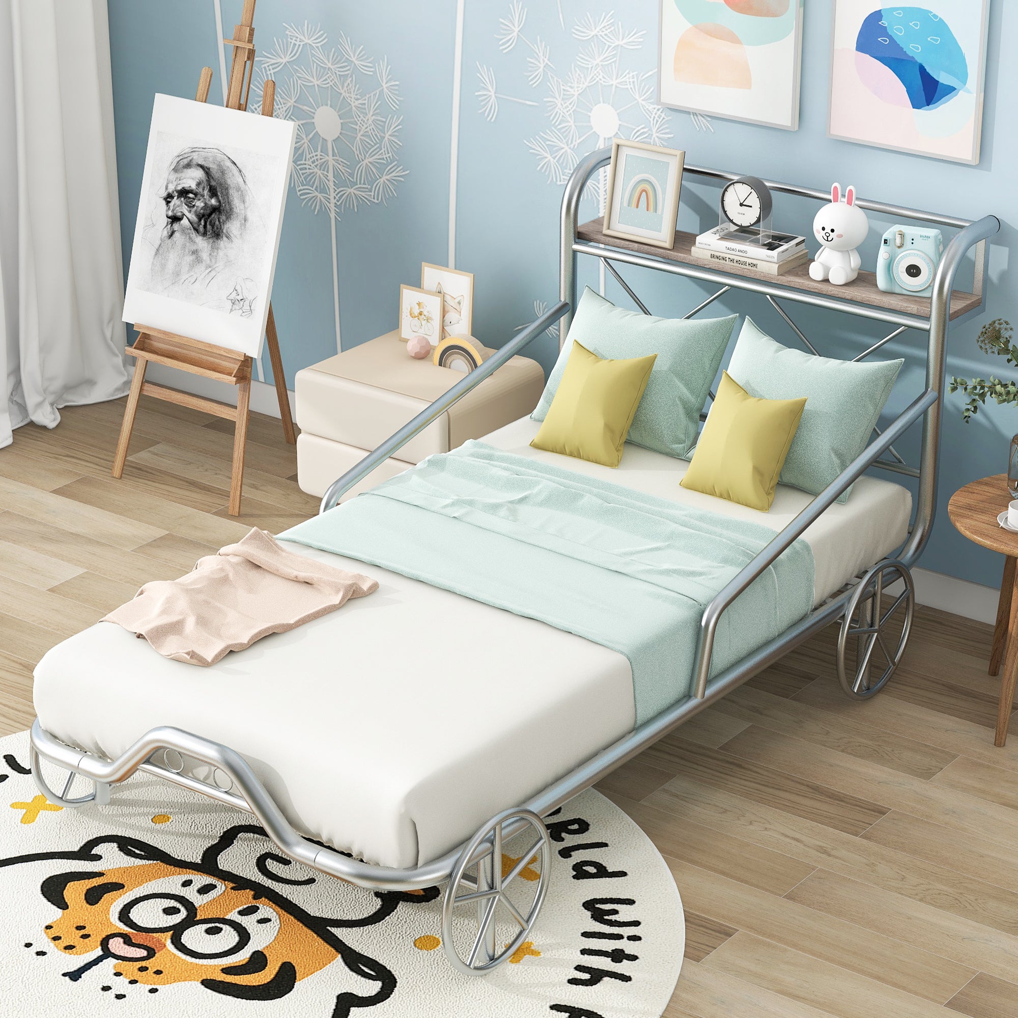 Twin Size Metal Car Bed with Four Wheels, Guardrails and X-Shaped Frame Shelf, Silver(Old SKU: MF297599AAN) - Atlantic Fine Furniture Melbourne FL