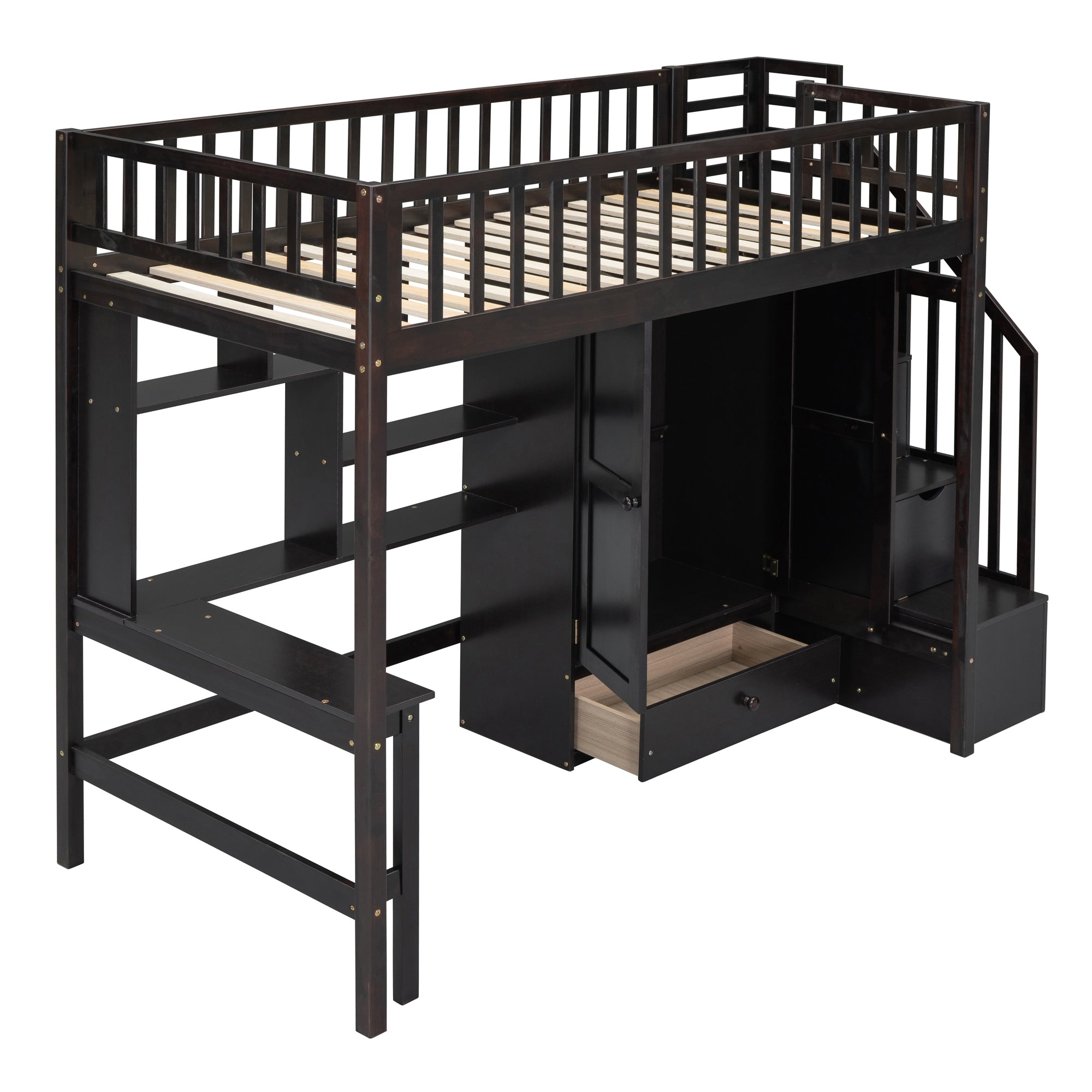 Twin size Loft Bed with Bookshelf,Drawers,Desk,and Wardrobe-Espresso - Atlantic Fine Furniture Melbourne FL