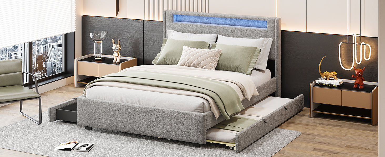 Full Size Upholstered Platform Bed with LED Frame, with Twin Size Trundle and 2 drawers, Teddy Fleece, Gray