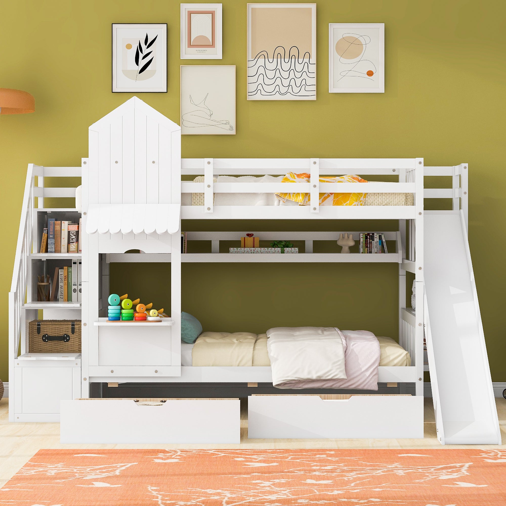 Twin-Over-Twin Castle Style Bunk Bed with 2 Drawers 3 Shelves and Slide - White - Atlantic Fine Furniture Melbourne FL