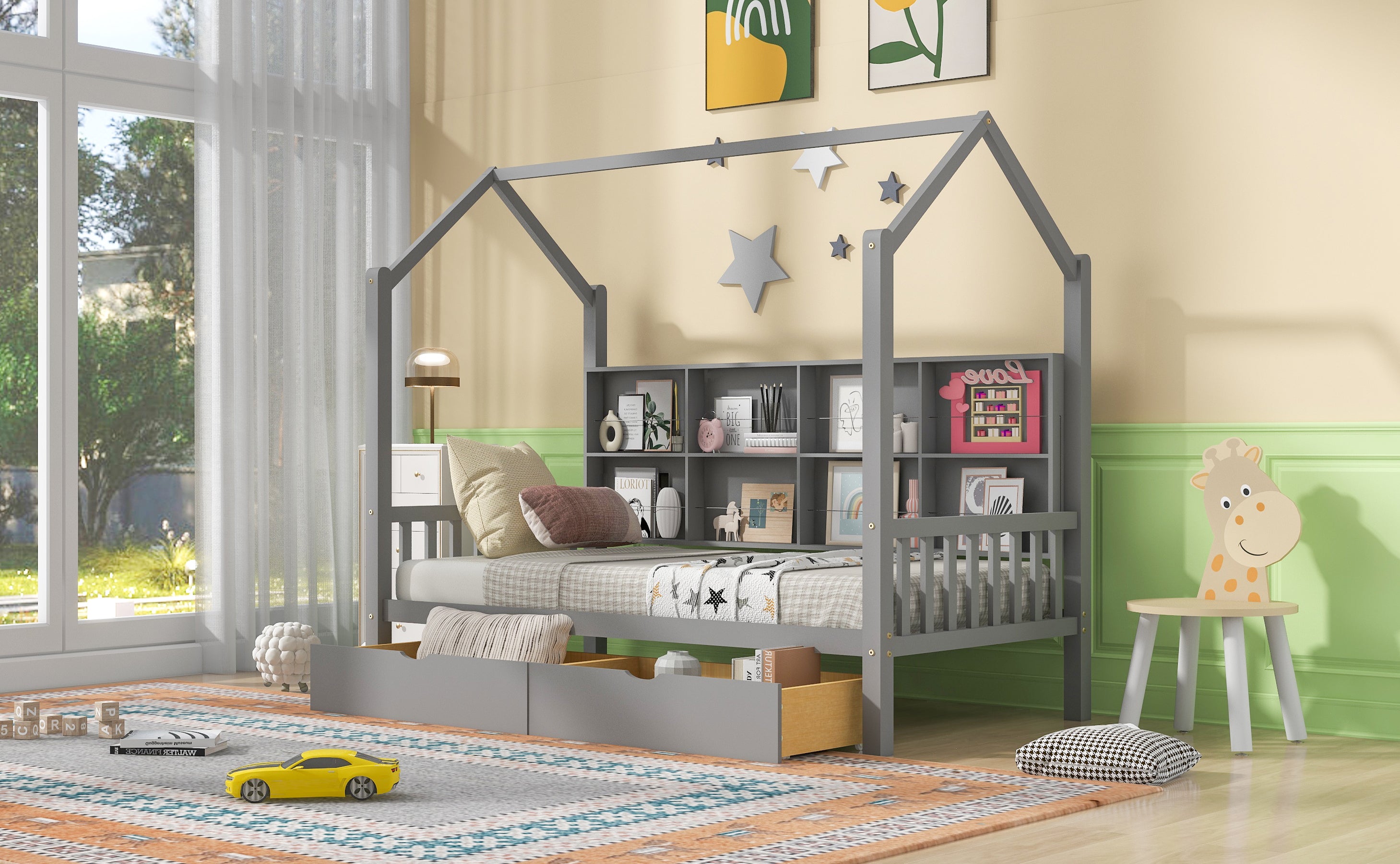 Wooden Twin Size House Bed with 2 Drawers,Kids Bed with Storage Shelf, Gray - Atlantic Fine Furniture Melbourne FL
