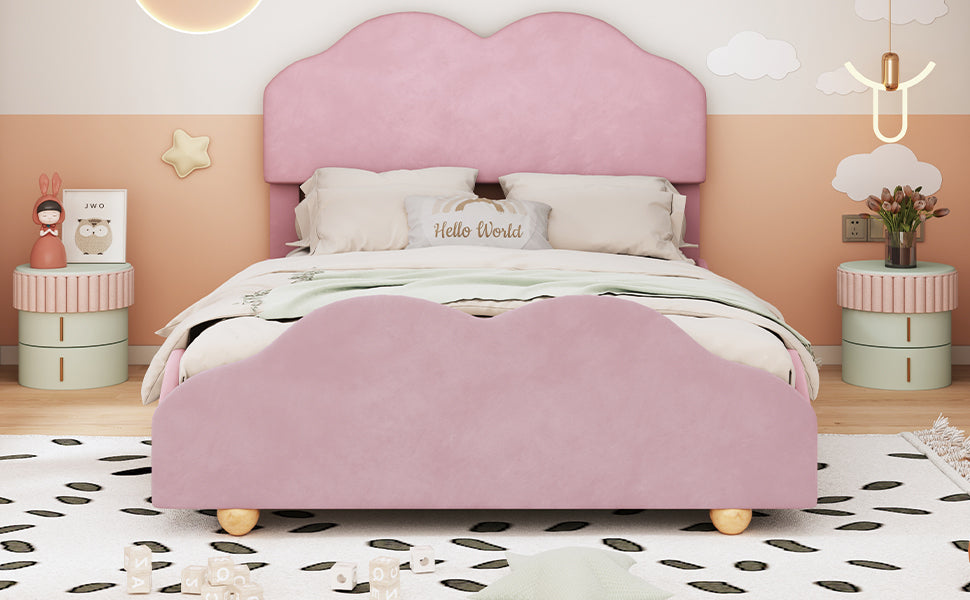 Full Size Upholstered Platform Bed with Cloud Shaped bed board, Light Pink - Atlantic Fine Furniture Melbourne FL