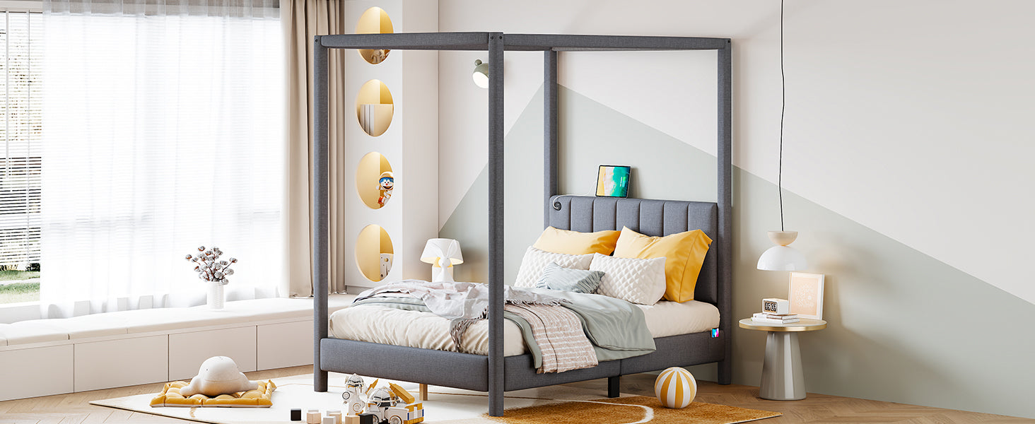 Full Size Canopy Platform Bed with USB and Type-C Ports, Canvas, Gray - Atlantic Fine Furniture Melbourne FL