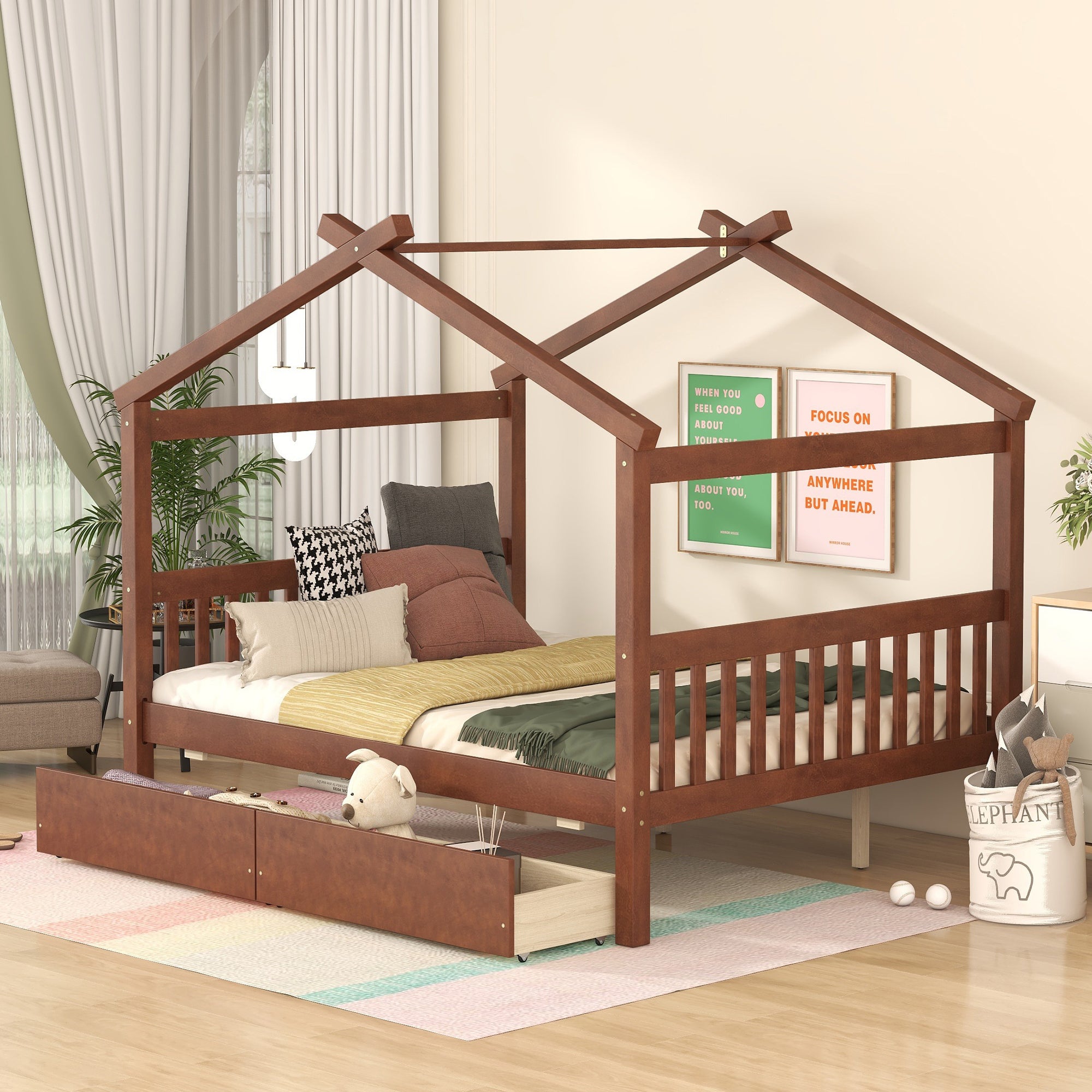 Full Size Wooden House Bed with Drawers, Walnut - Atlantic Fine Furniture Melbourne FL