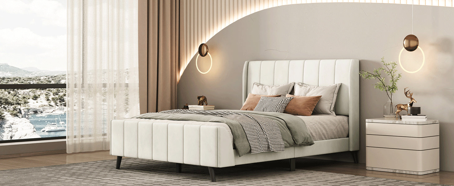 Full Size Upholstered Platform Bed, Velvet, Beige - Atlantic Fine Furniture Melbourne FL